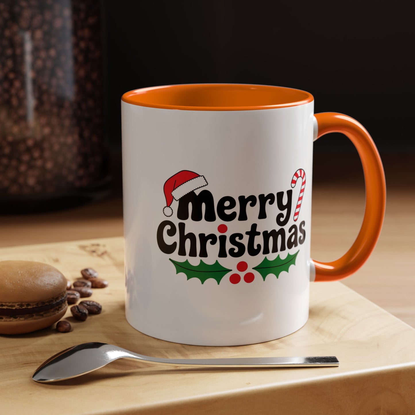 Christmas Mug - Merry Christmas Black Text Hat Cane Misletoe