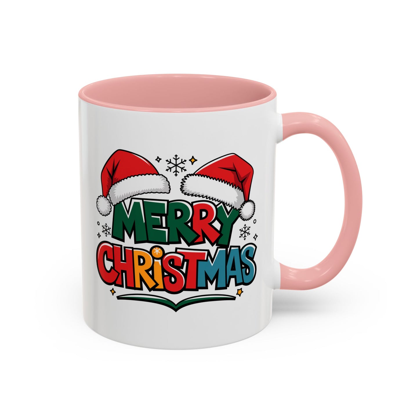 Christmas Mug - Merry Christmas Green Red Yellow and Blue Text Red Hats