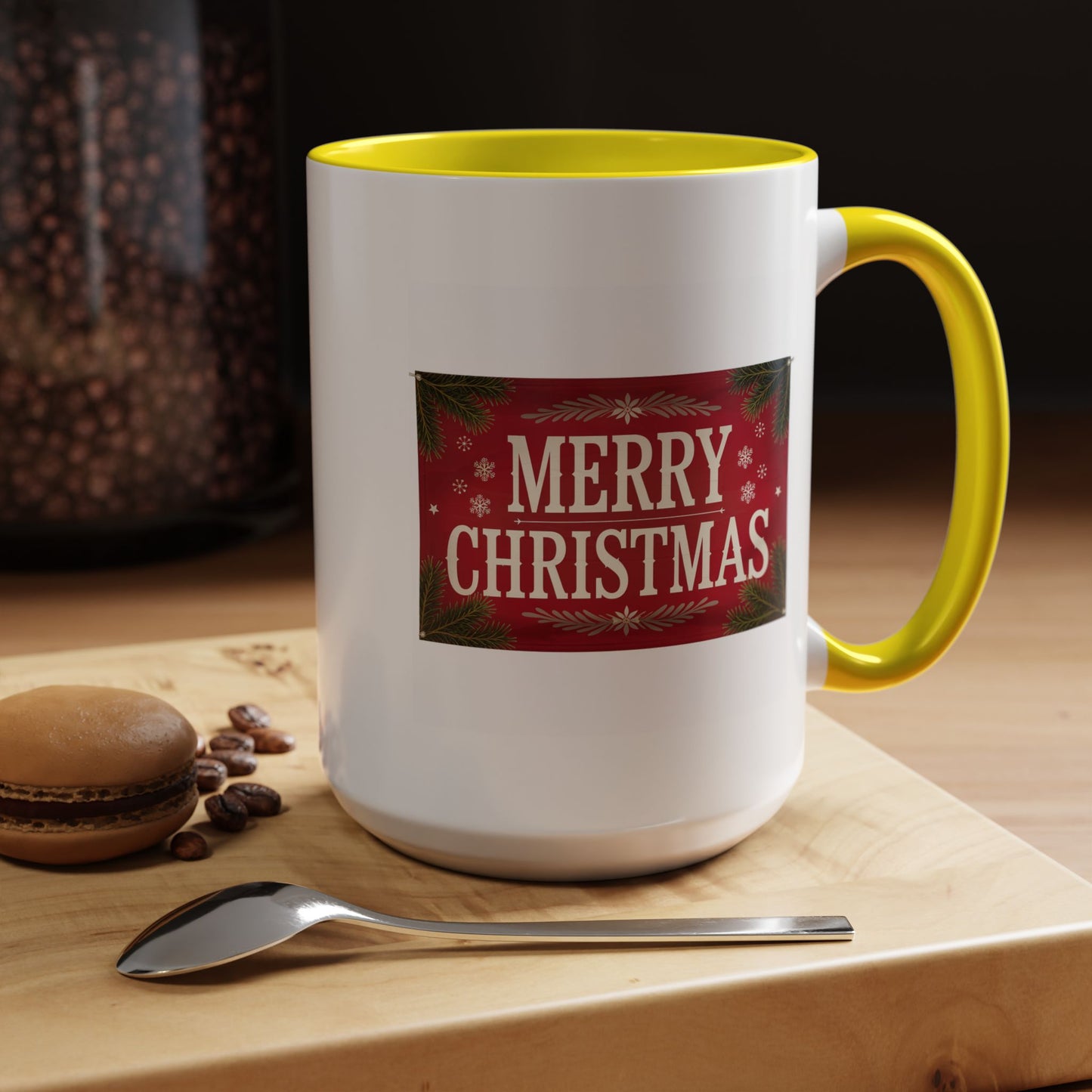 Christmas Mug - Merry Christmas Cream Text Maroon Background