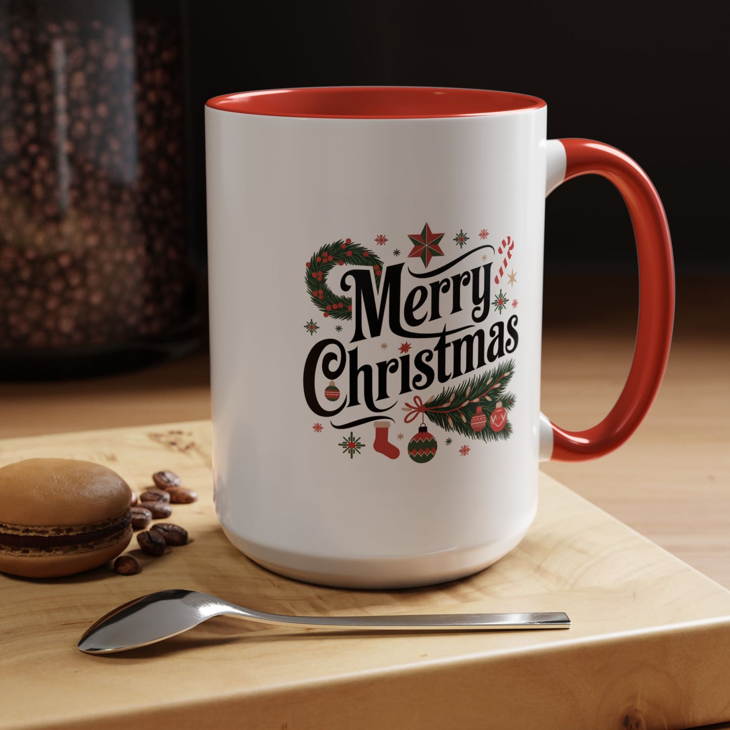 Christmas Mug - Merry Christmas Black Text Star Stocking Ornament Candy Cane