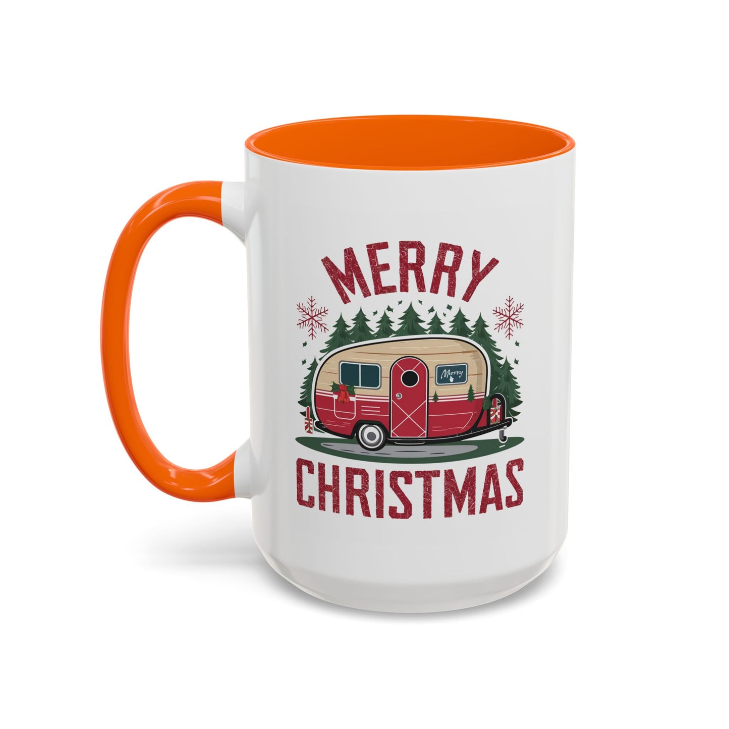 Christmas Mug - Merry Christmas Maroon Text Camper Trees Snowflakes