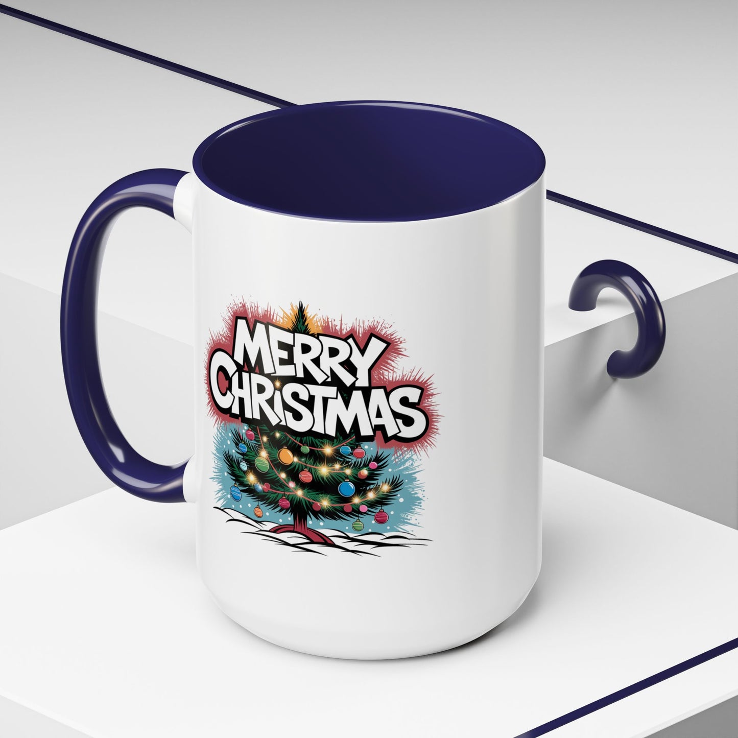 Christmas Mug - Merry Christmas White & Red Text Tree Lights