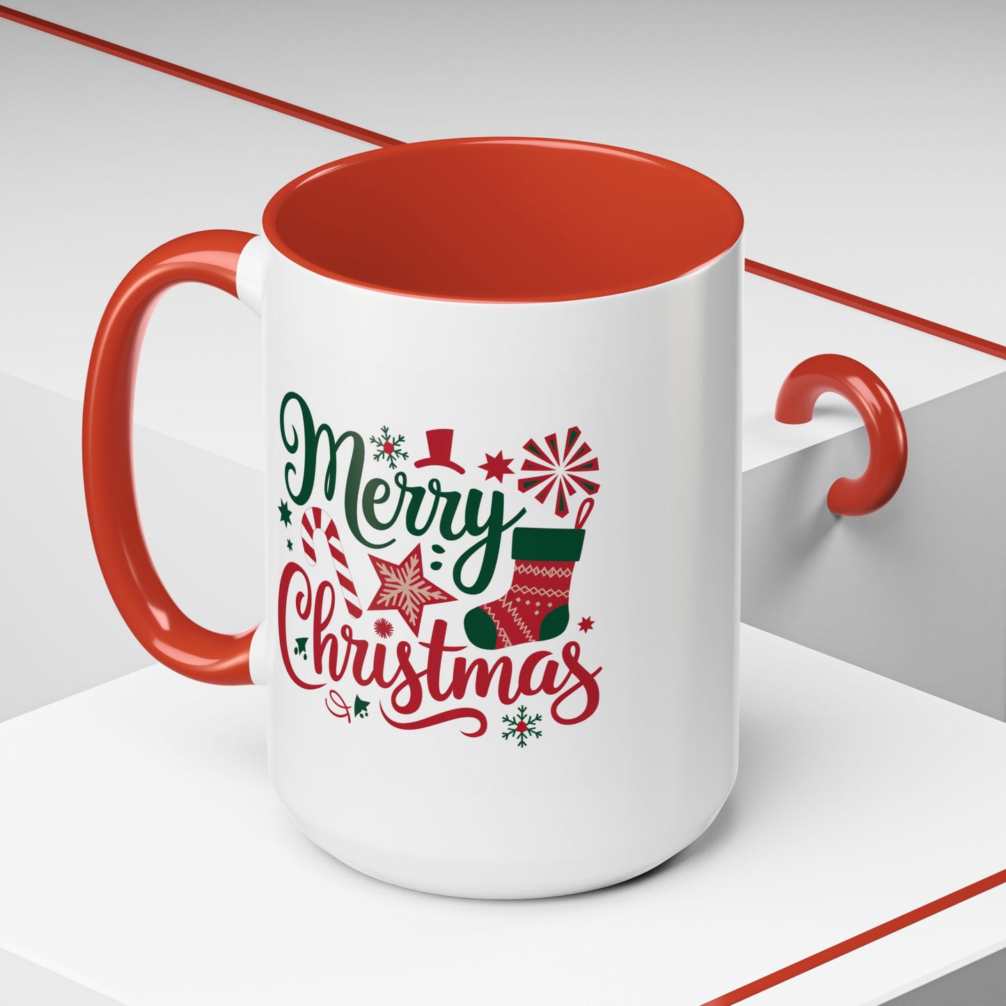 Christmas Mug - Merry Christmas Green & Red Text Star Candy Cane Stocking Snowflake