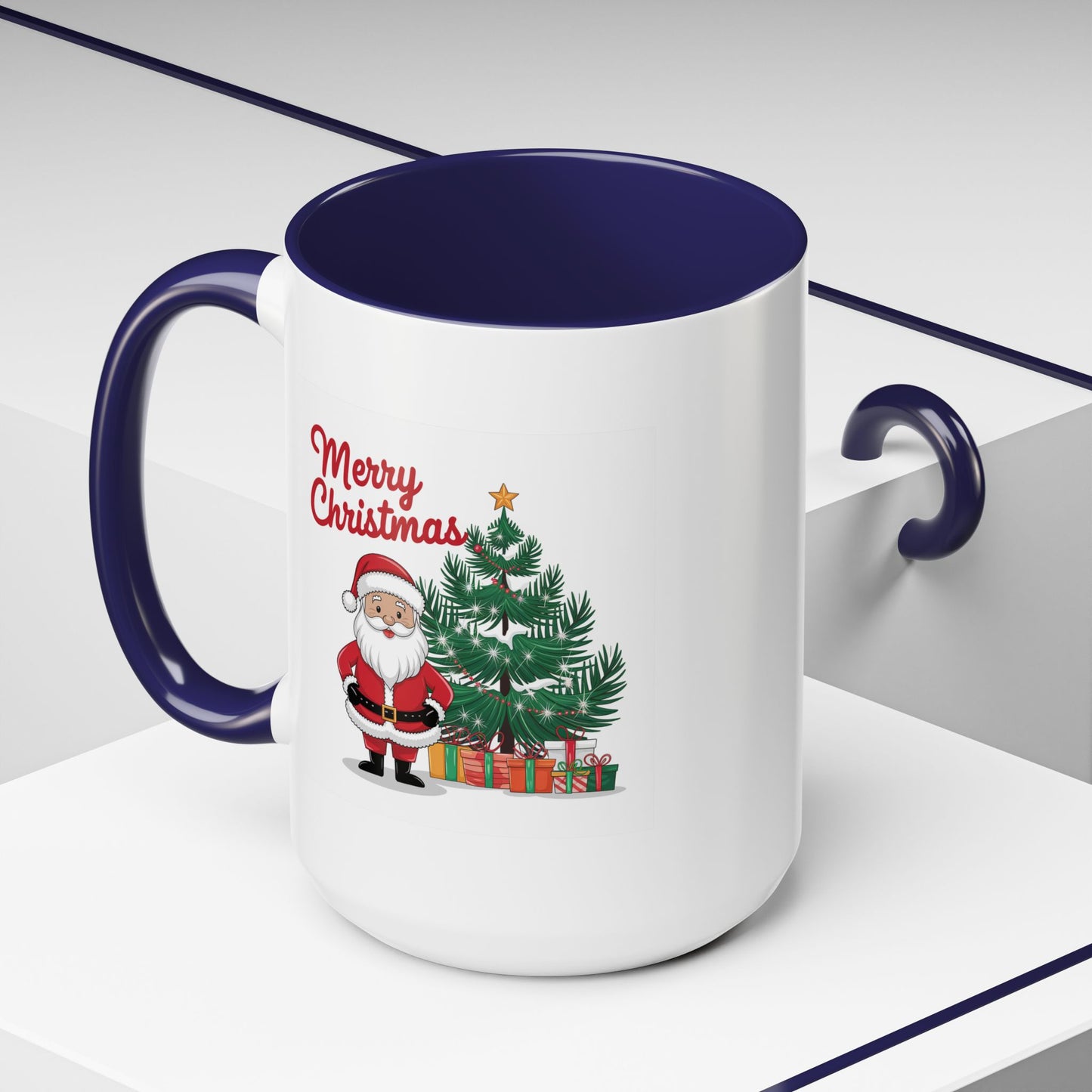 Christmas Mug - Merry Christmas Red Text Santa Tree Presents