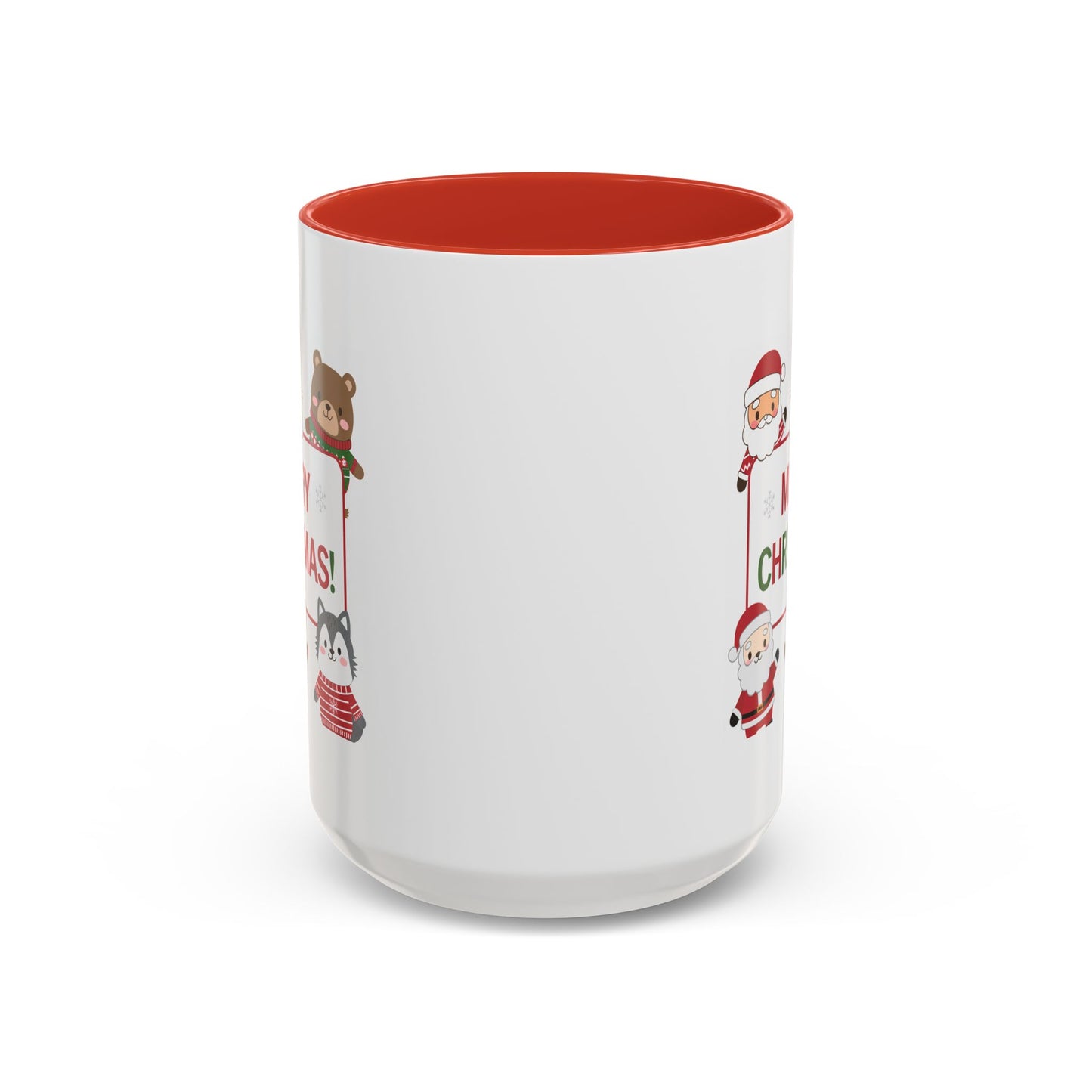 Christmas Mug - Merry Christmas Red & Green Text Santa Cute Animals