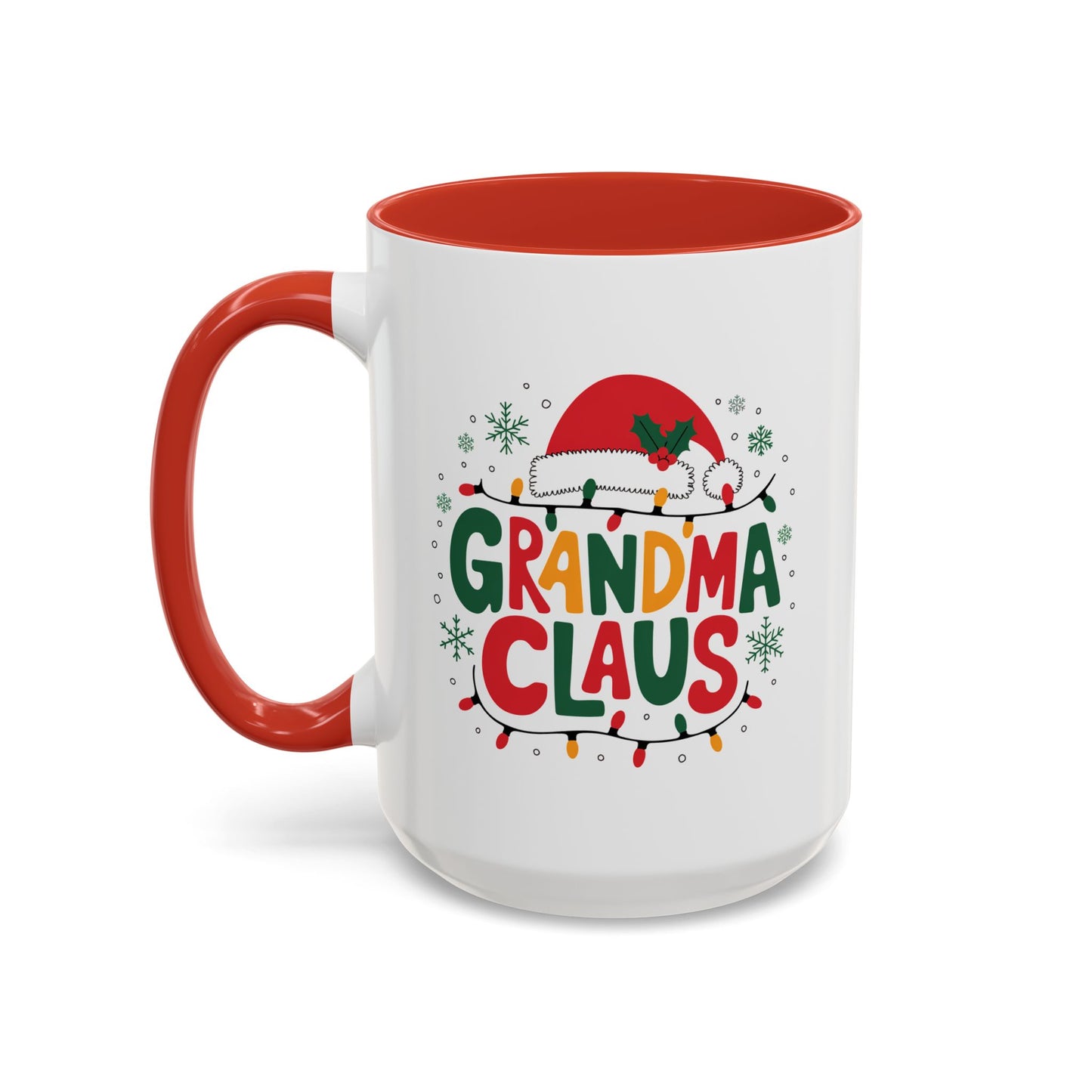 Christmas Mug - Grandma Claus Green Yellow & Red Text Hat Lights Stars