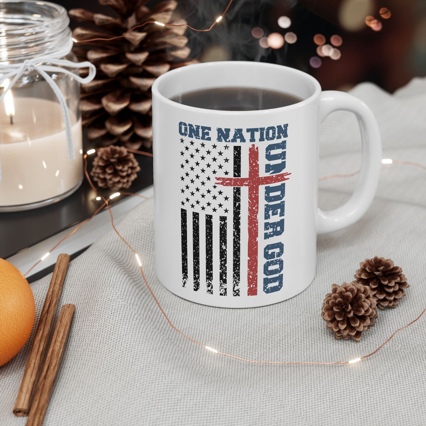 4th of July Mug - One Nation Under God Flag Cross