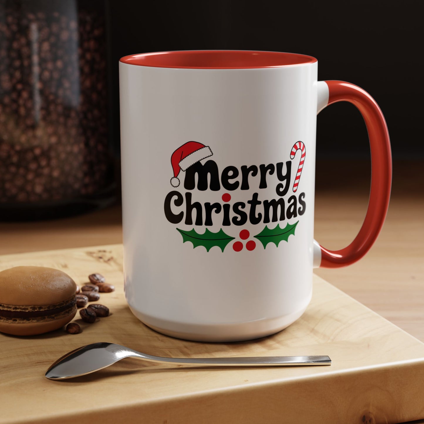 Christmas Mug - Merry Christmas Black Text Hat Candy Cane Mistletoe