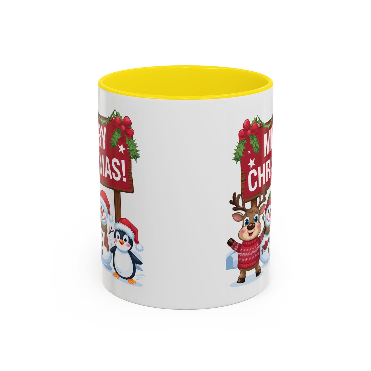Christmas Mug - Merry Christmas White Text Reindeer Snowmen Penguin