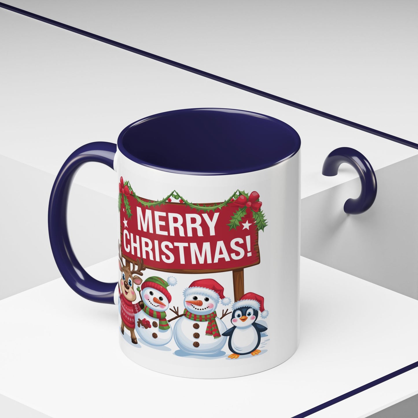 Christmas Mug - Merry Christmas White Text Reindeer Snowmen Penguin