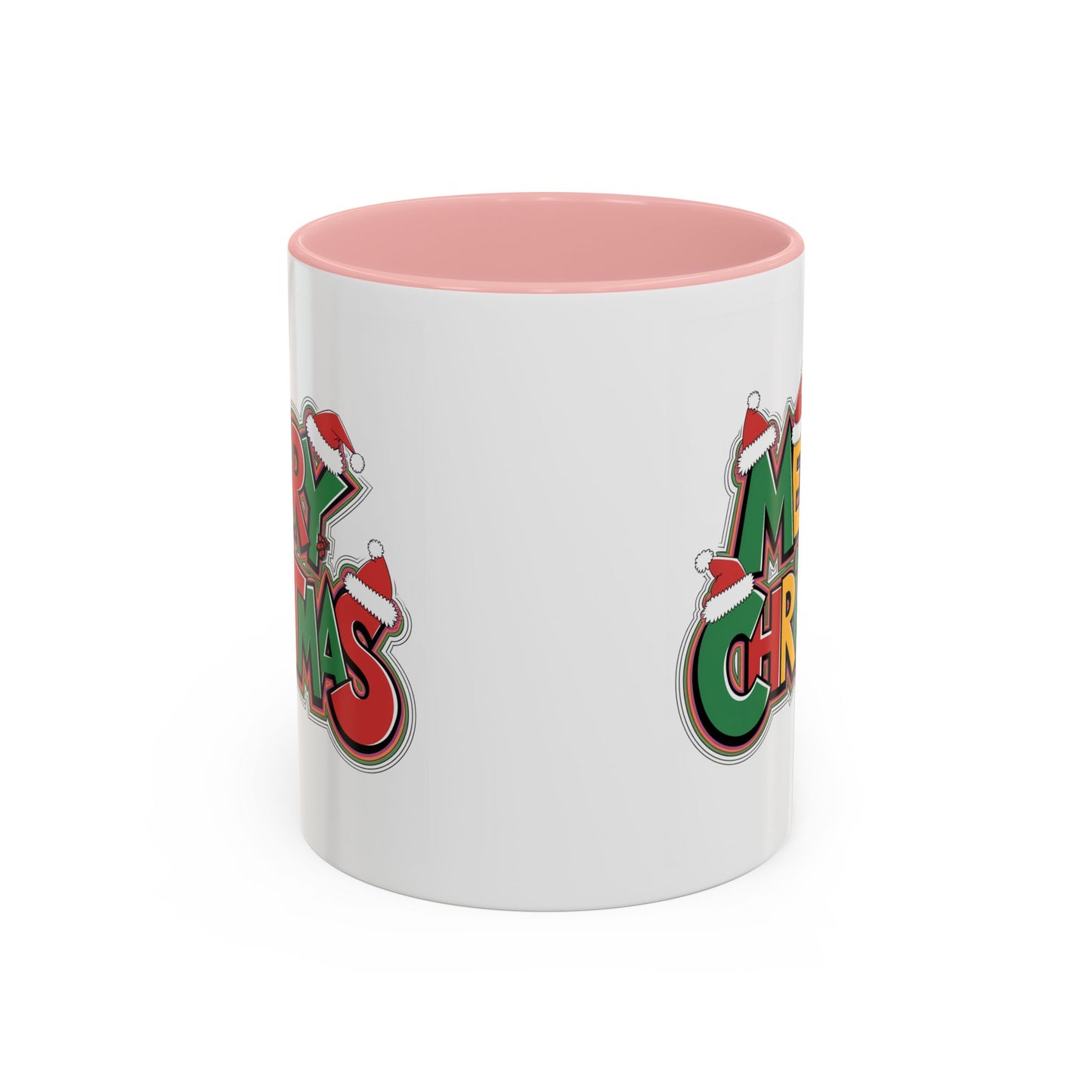 Christmas Mug - Merry Christmas Green Yellow & Red Text Hats