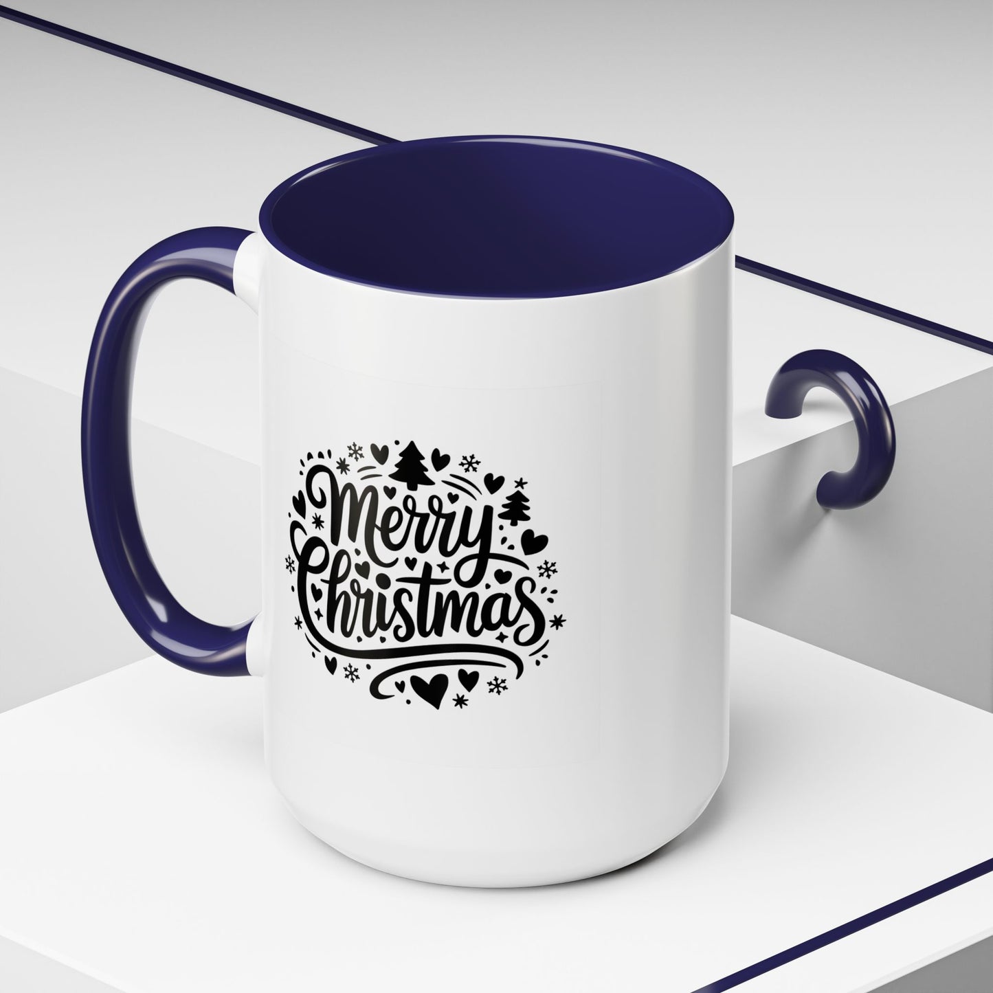 Christmas Mug - Merry Christmas Black Text Trees Snowflakes Hearts
