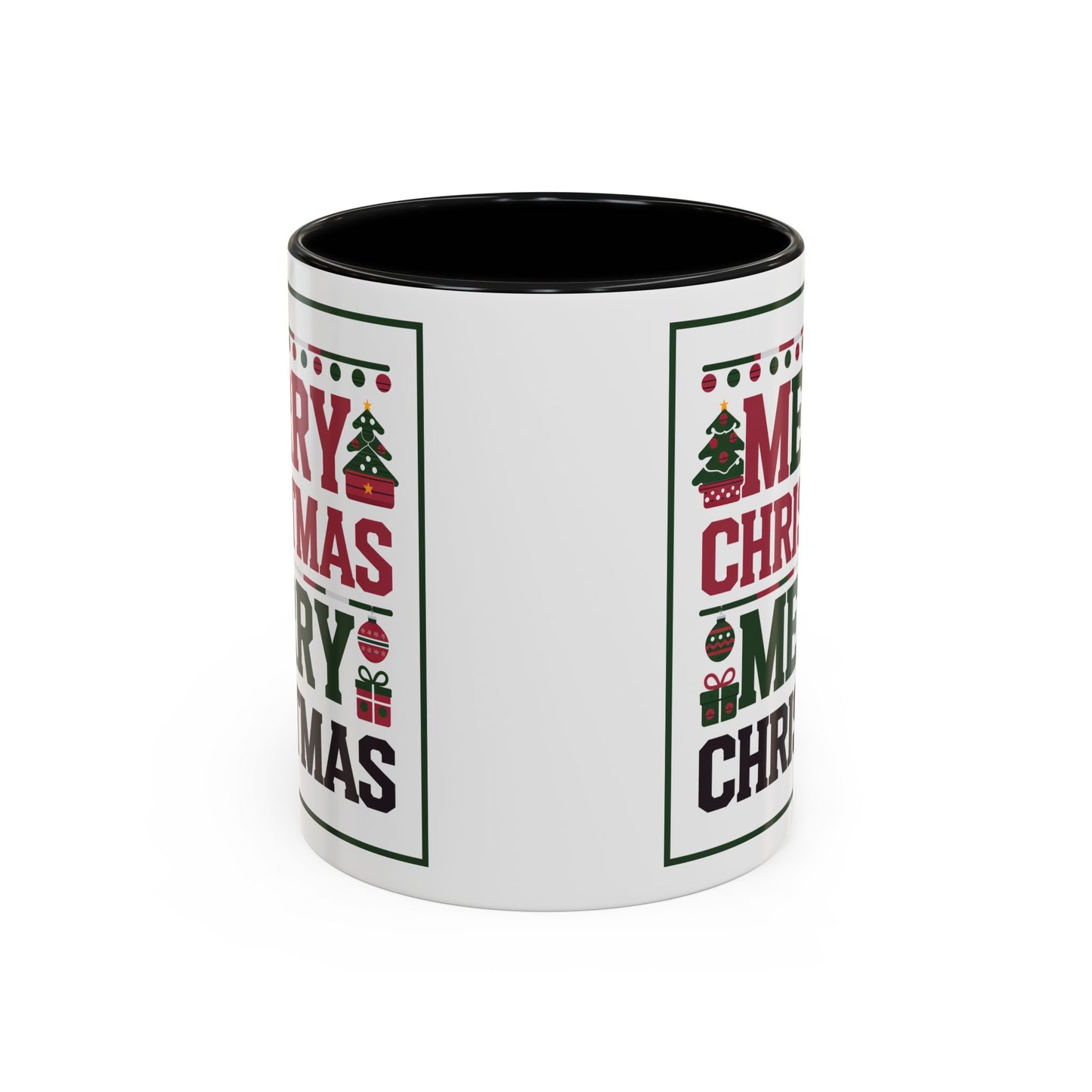 Christmas Mug - Merry Christmas Red Green & Black Text Trees Presents
