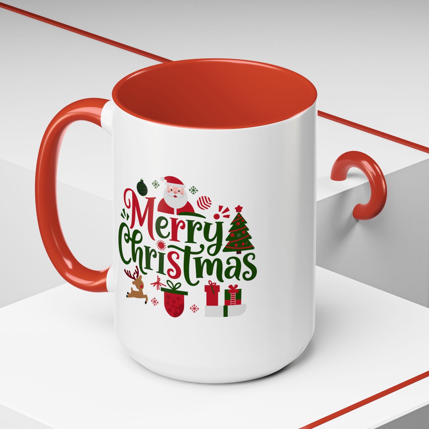 Christmas Mug - Merry Christmas Red & Green Text Santa Reindeer Tree Sleigh Ornaments