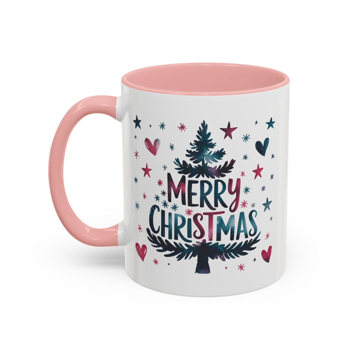 Christmas Mug - Merry Christmas Maroon & Blue Text Tree Hearts Stars