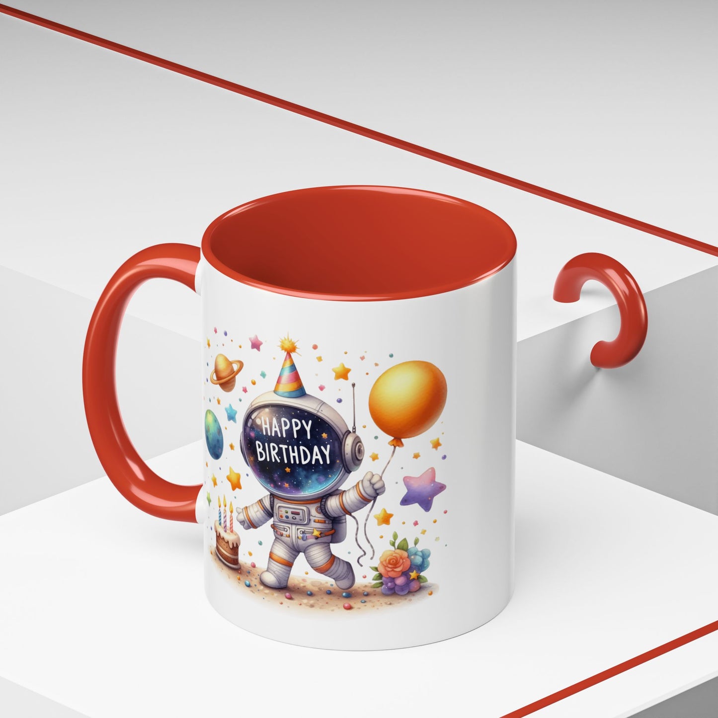 Birthday Mug - Happy Birthday Astronaut, Cake & Balloon