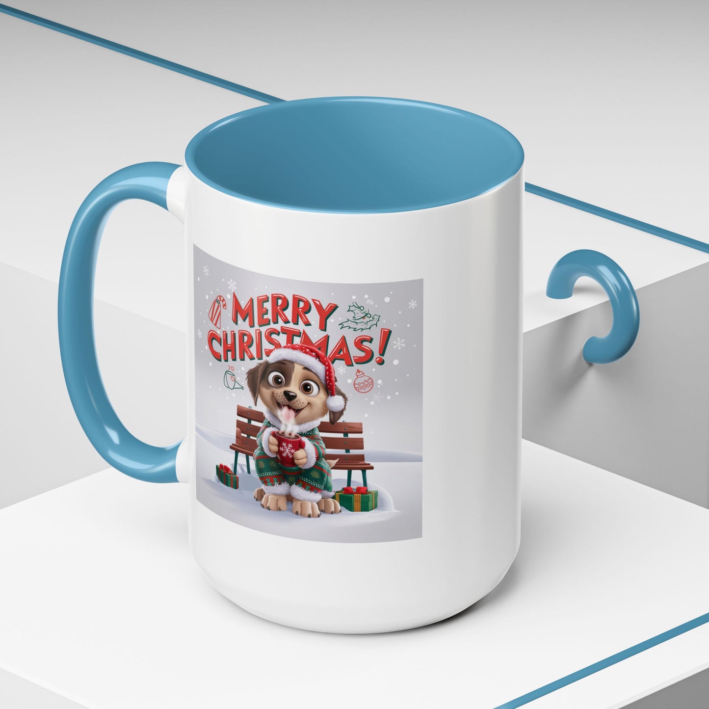 Christmas Mug - Merry Christmas Red Text Puppy Green Top