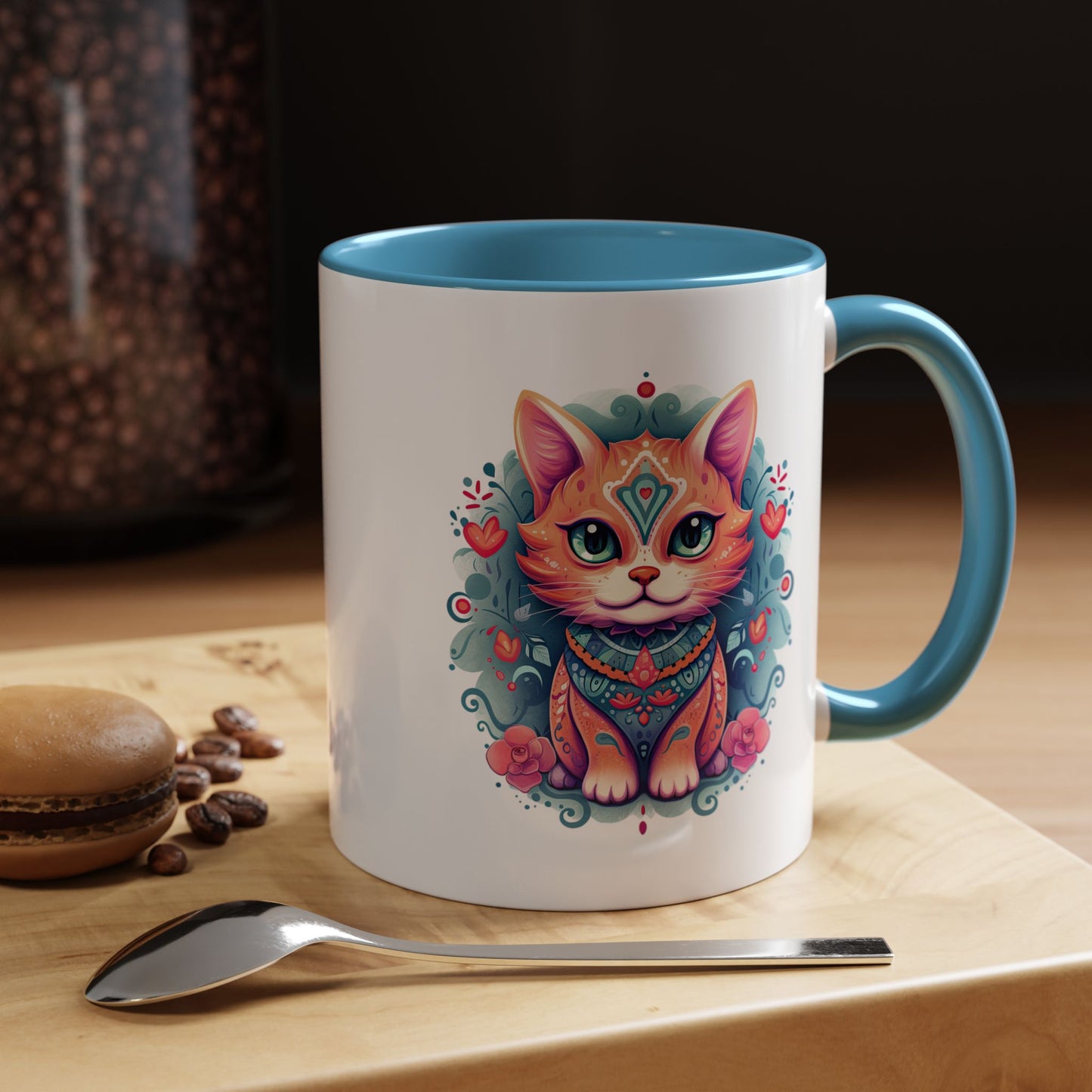 Animal  - Mystic Cat Turquoise & Coral Flowers