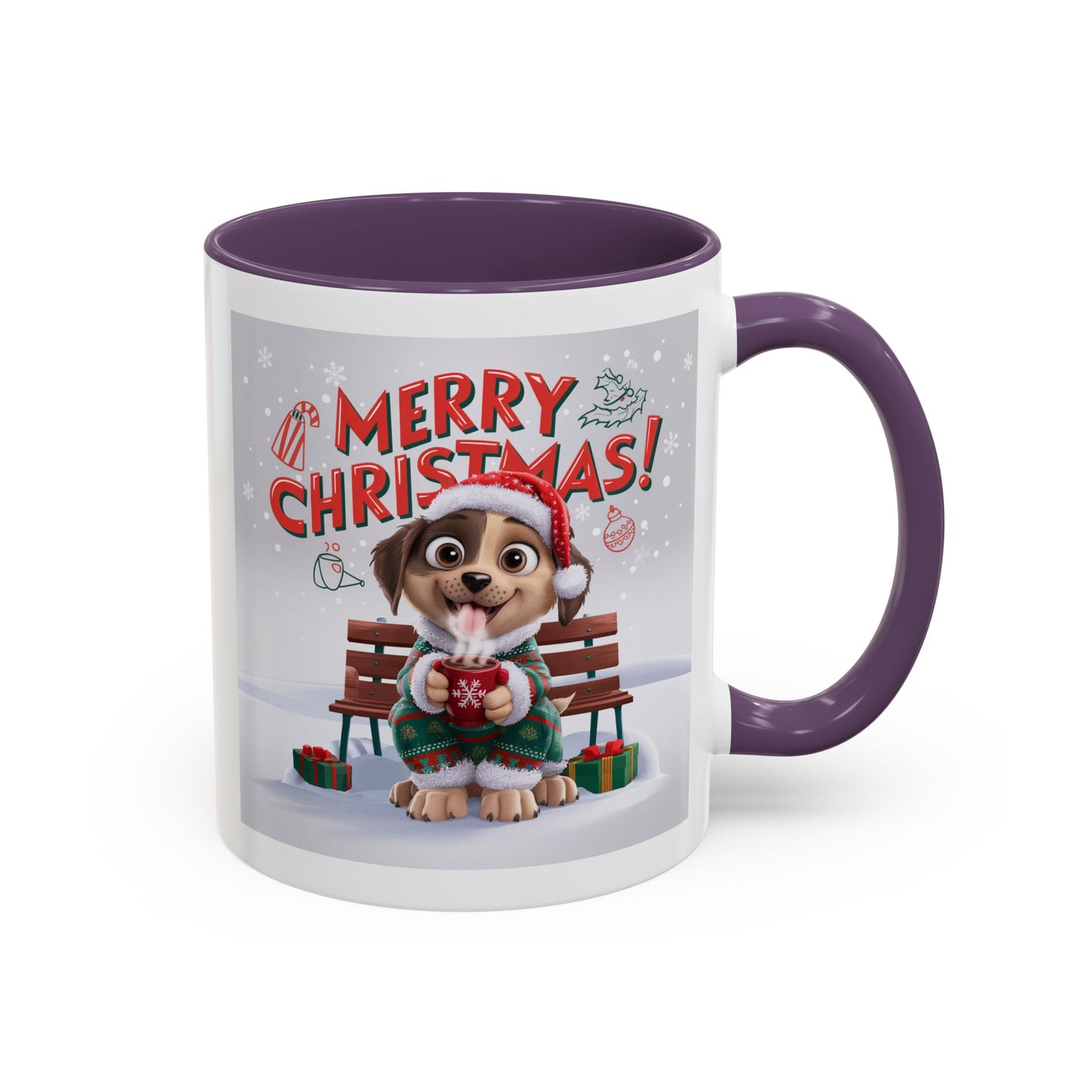 Christmas Mug - Merry Christmas Red Text Puppy Green Top
