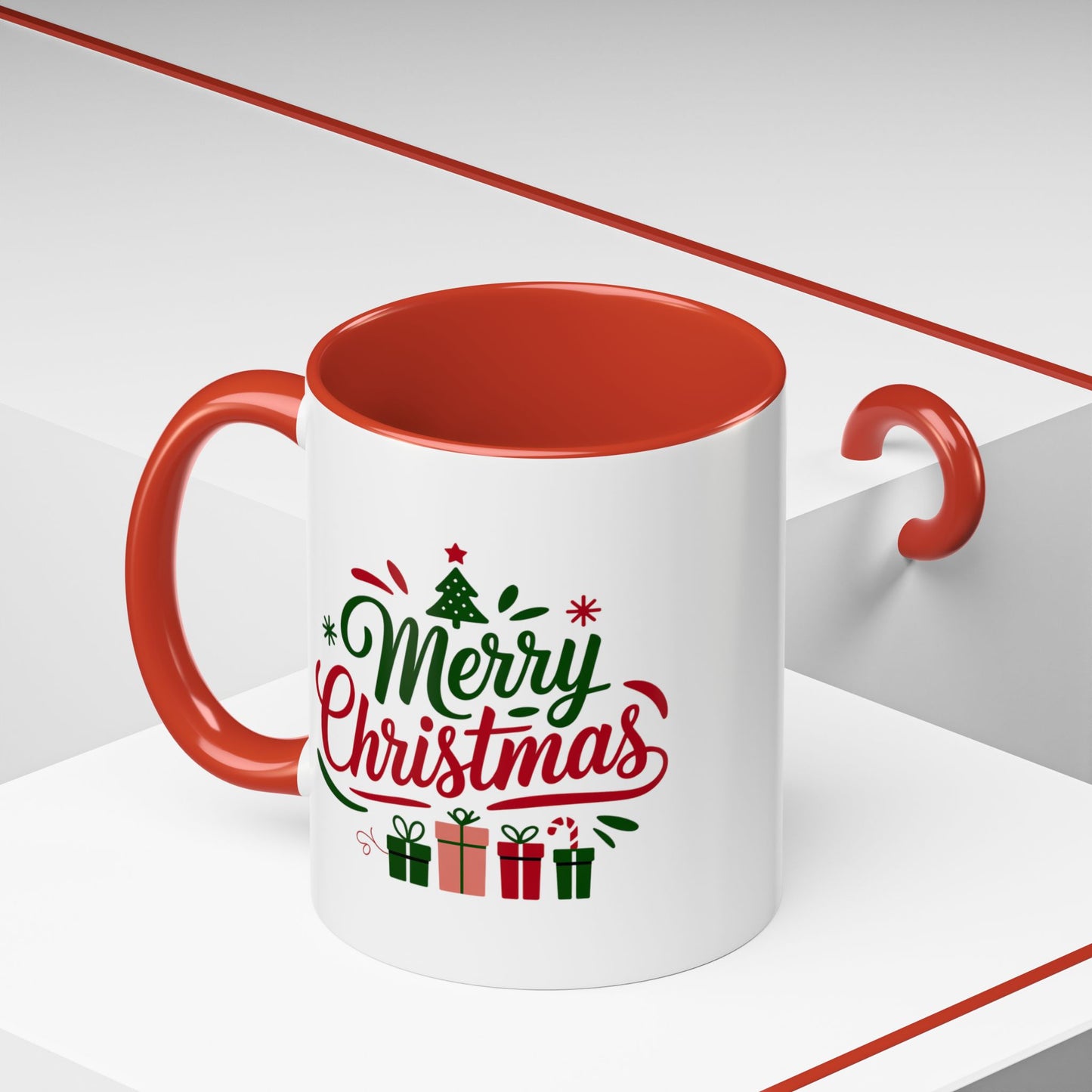 Christmas Mug - Merry Christmas Green & Red Text Tree Snowflakes Presents
