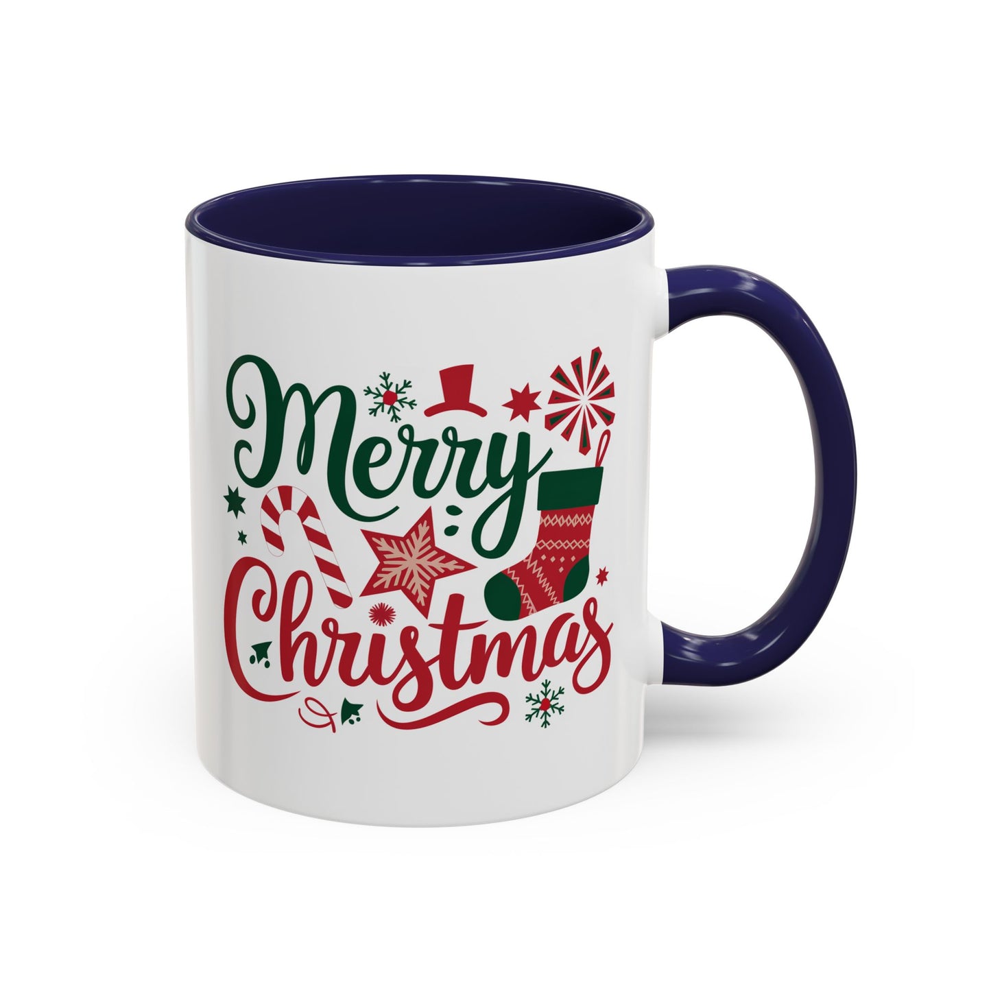 Christmas Mug - Merry Christmas Green & Red Text Star Candy Cane Stocking Snowflake