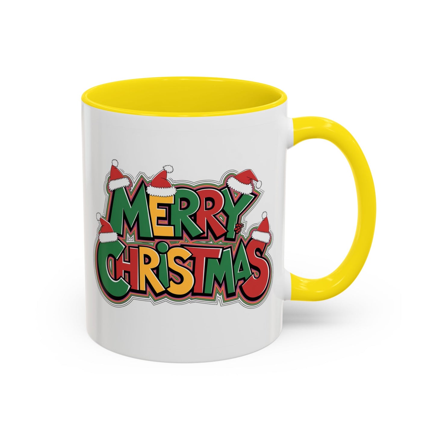 Christmas Mug - Merry Christmas Green Yellow & Red Text Hats