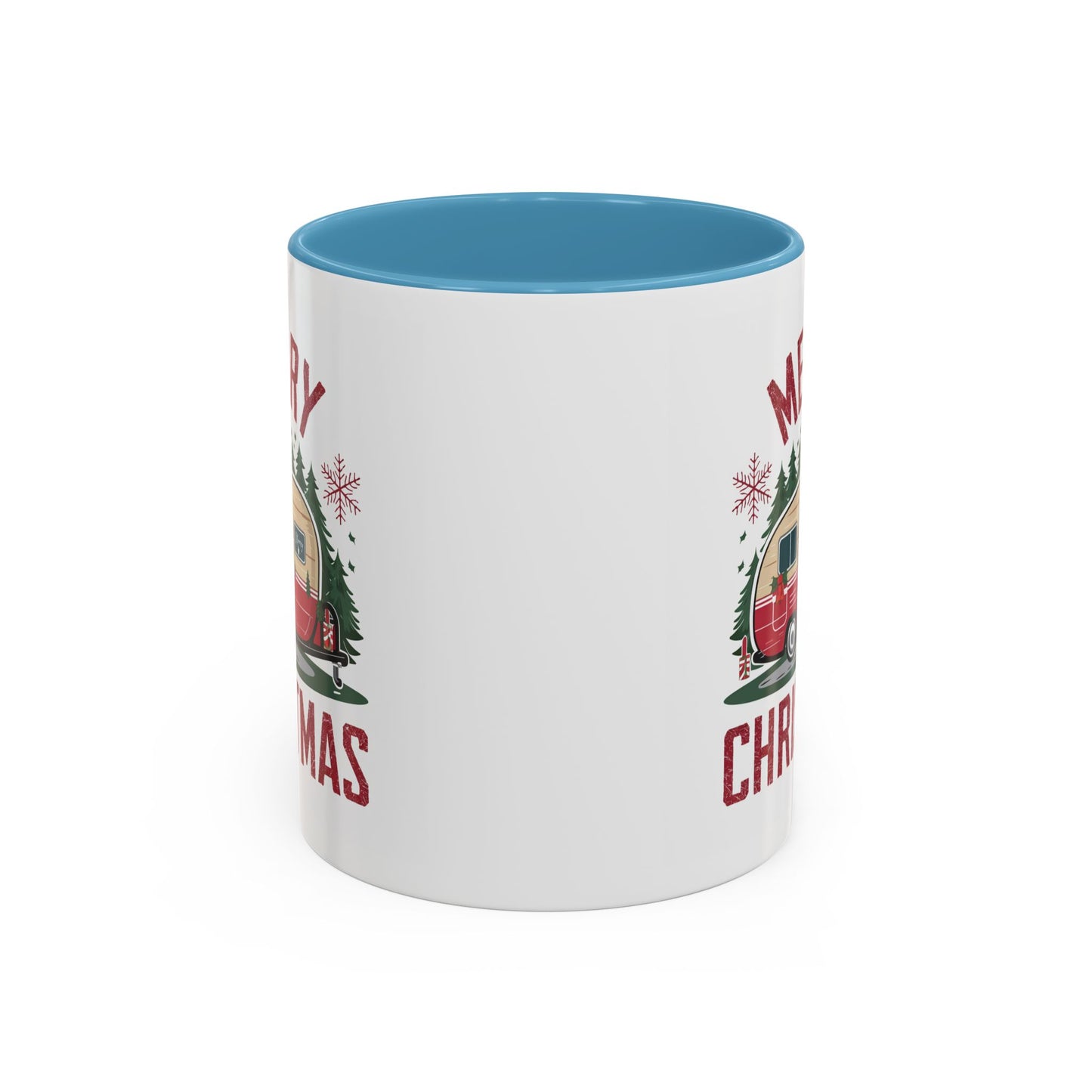 Christmas Mug - Merry Christmas Maroon Text Camper Trees Snowflakes