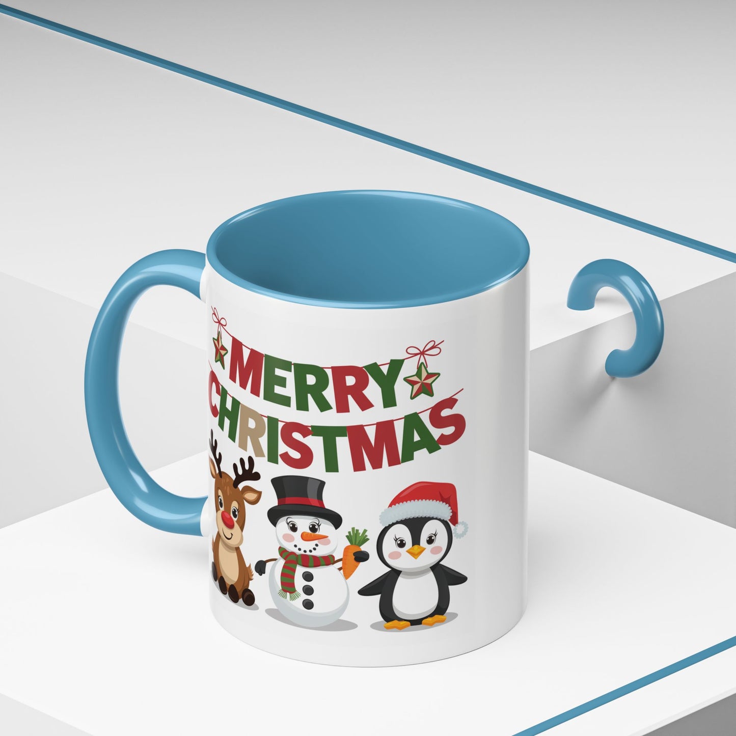 Christmas Mug - Red Green & Gold Text Reindeer Snowman Penguin