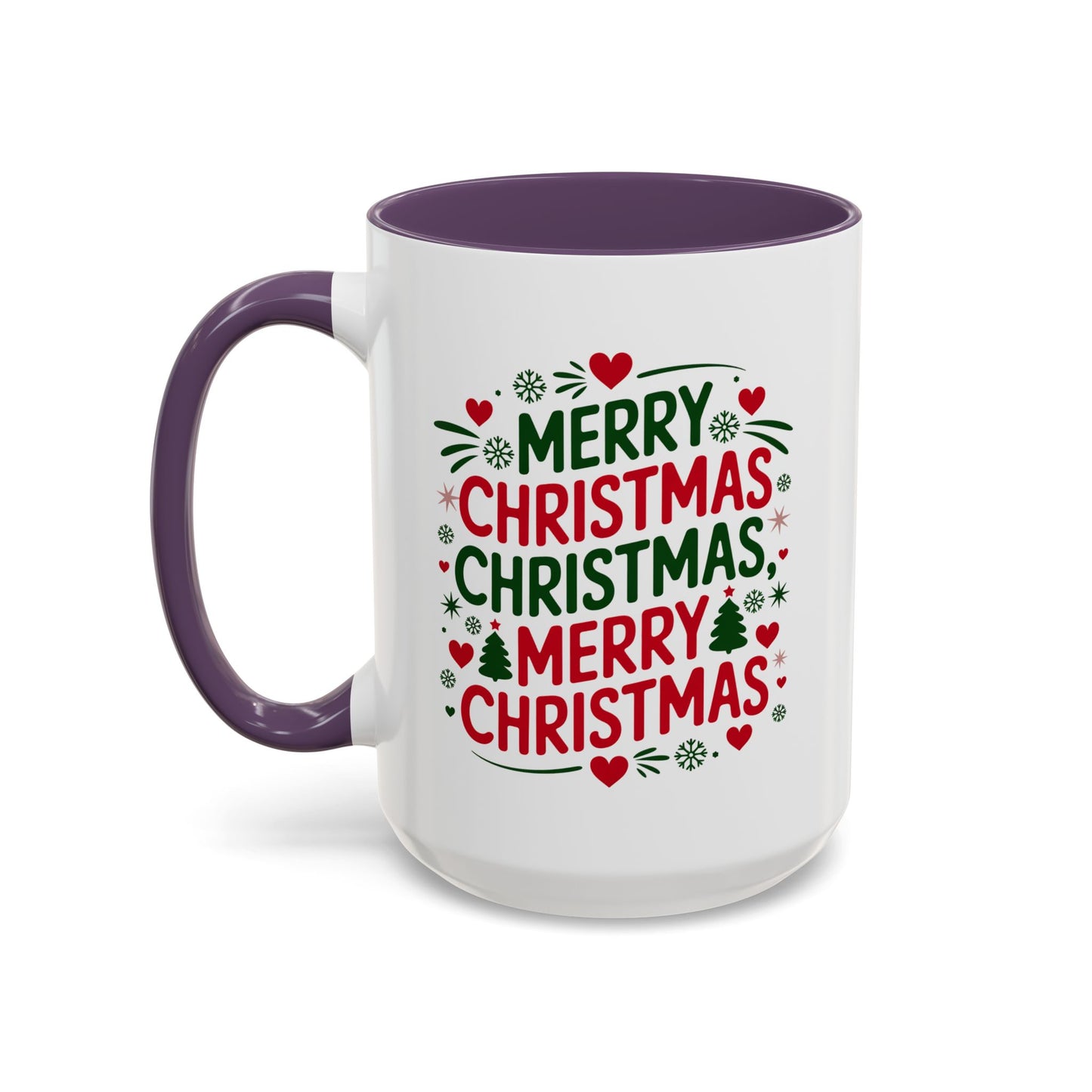 Christmas Mug - Merry Christmas Green & Red Text Trees Hearts Snowflakes Stars