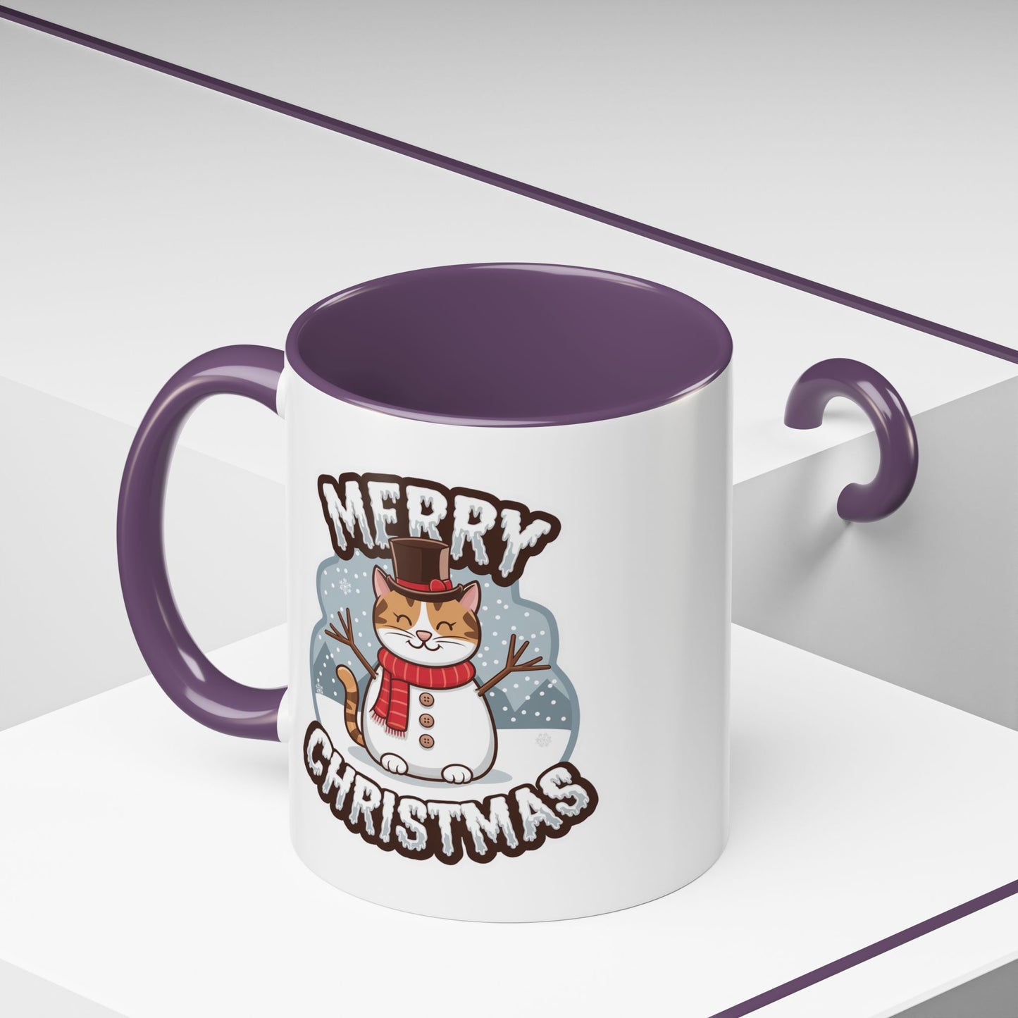 Christmas Mug - Merry Christmas Black & White Text Snowman Cat