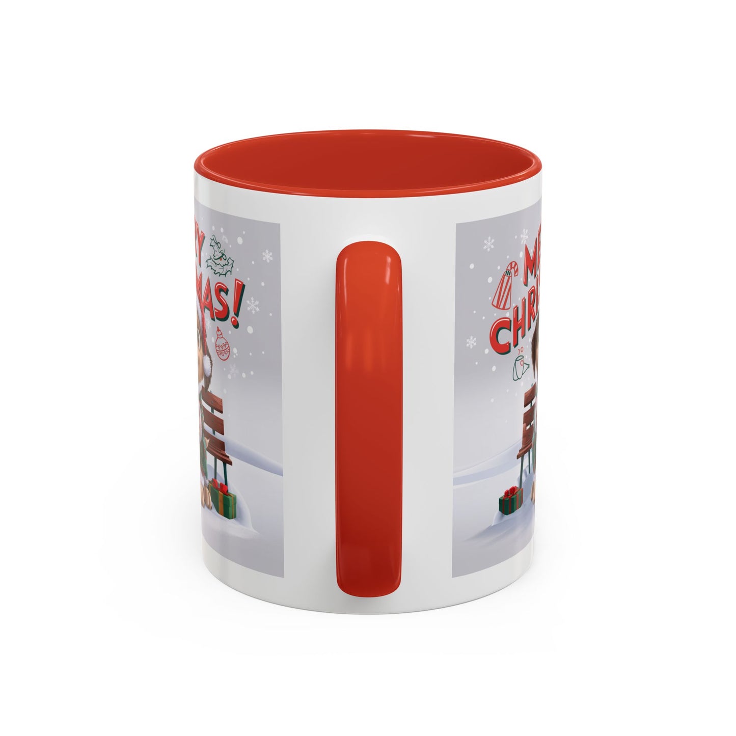 Christmas Mug - Merry Christmas Red Text Puppy Green Top