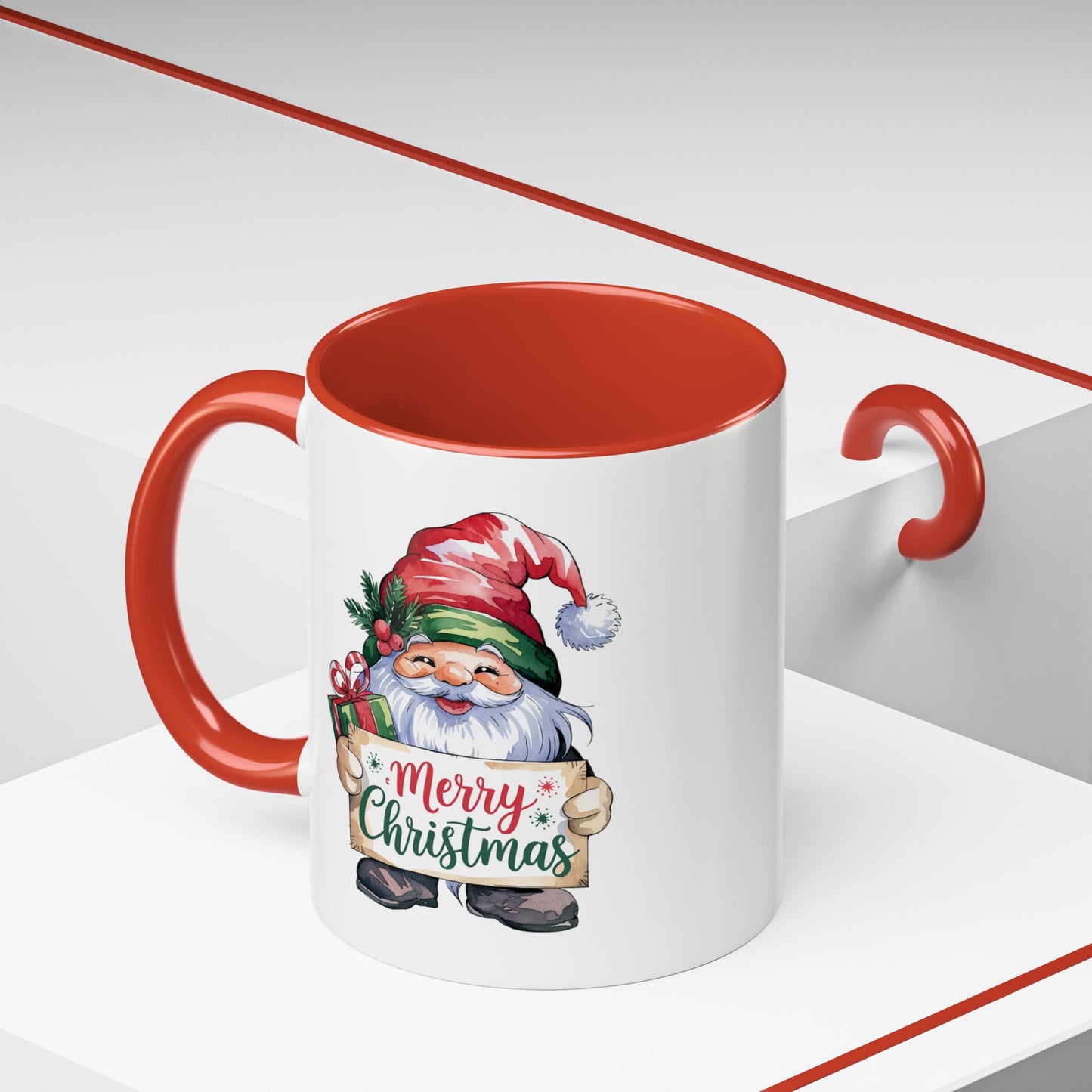 Christmas Mug - Merry Christmas Red & Green Text Gnome Present