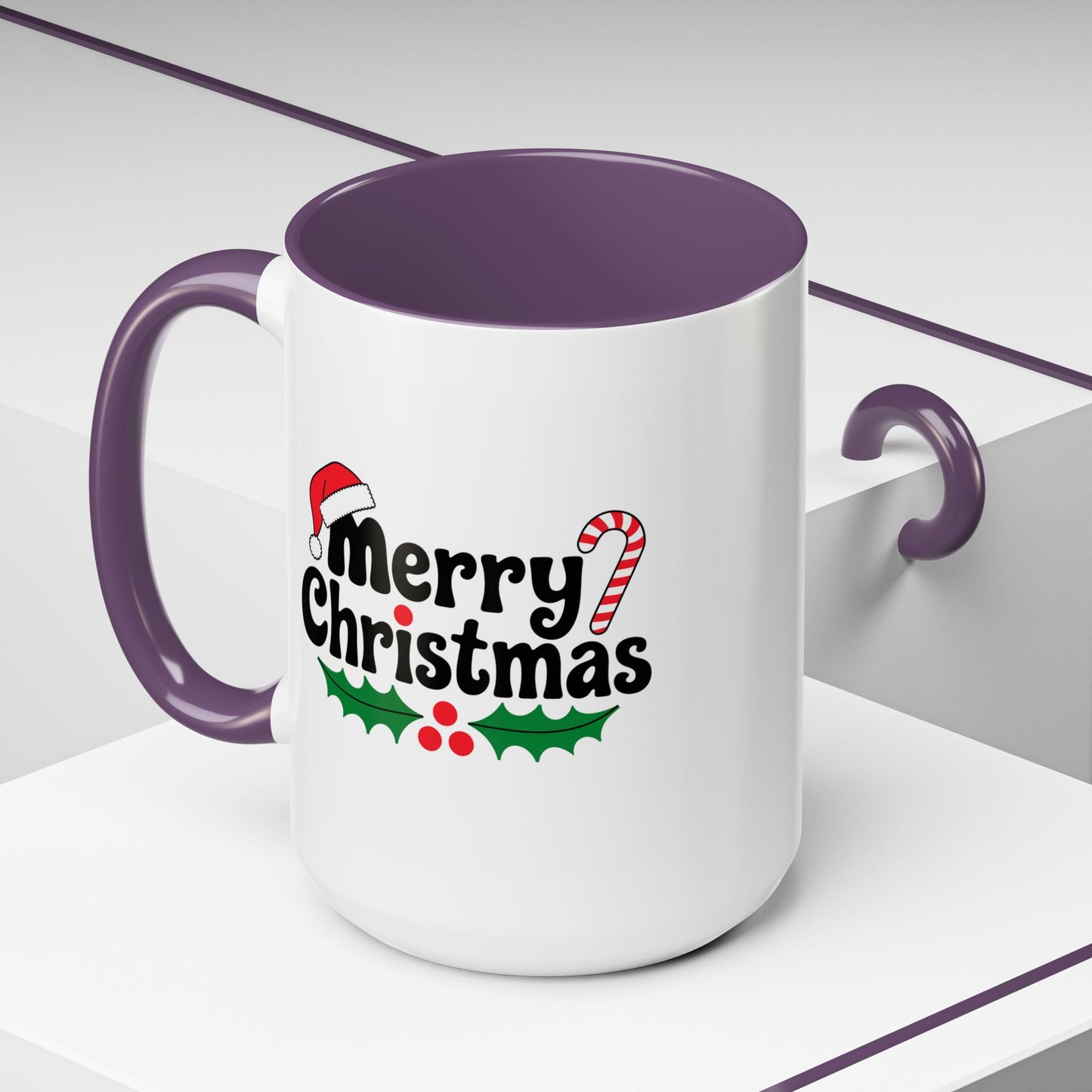 Christmas Mug - Merry Christmas Black Text Hat Candy Cane Mistletoe