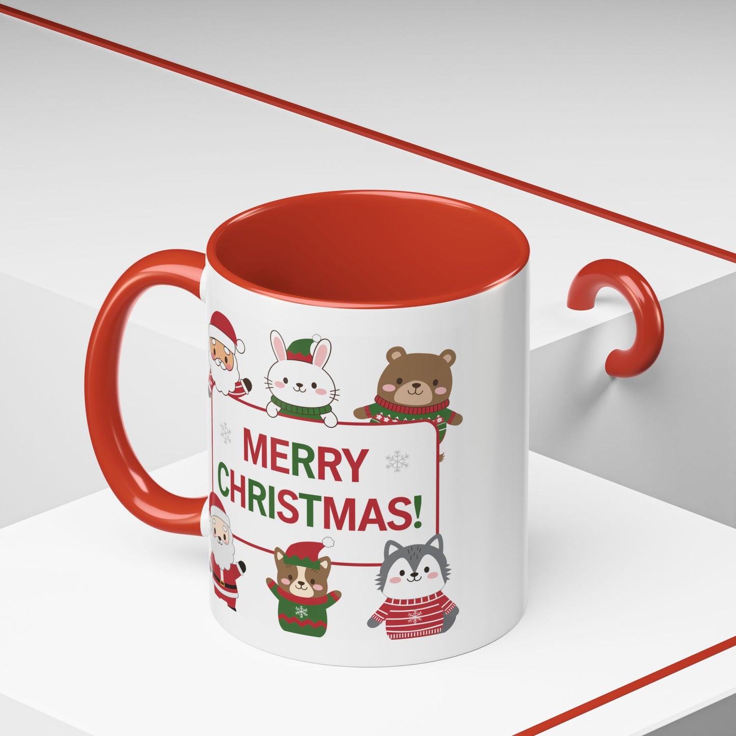 Christmas Mug - Merry Christmas Red & Green Text Santa Cute Animals