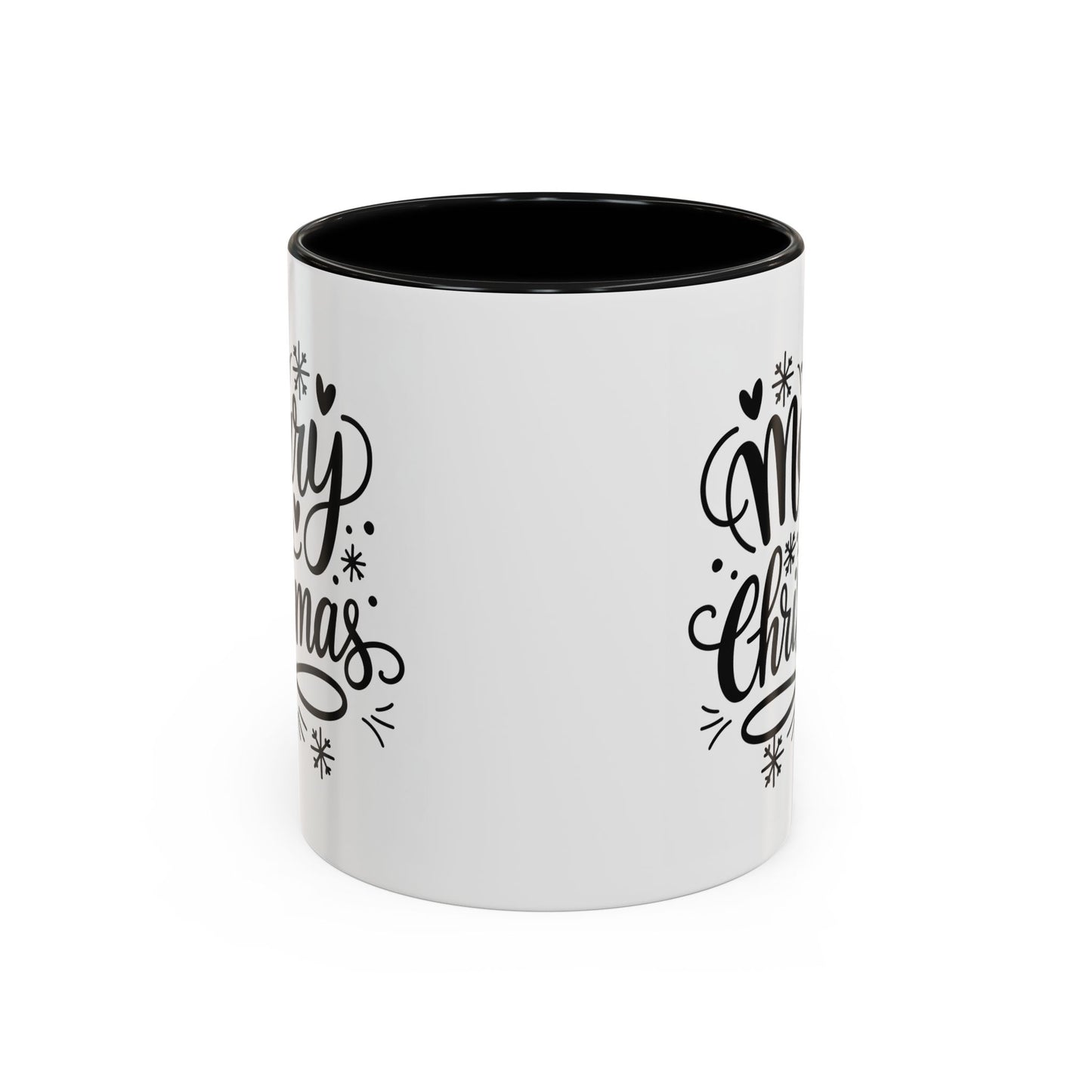Christmas Mug - Merry Christmas Black Text Tree Snowflakes Hearts