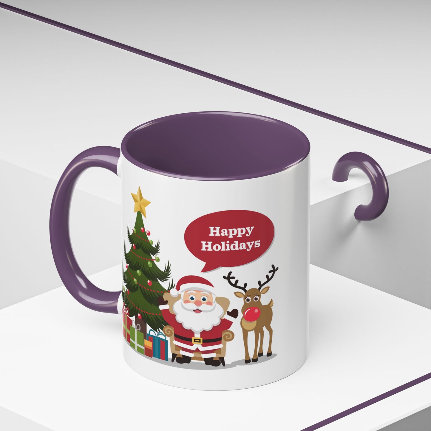 Christmas Mug - Happy Holidays Callout Santa Tree Presents Reindeer
