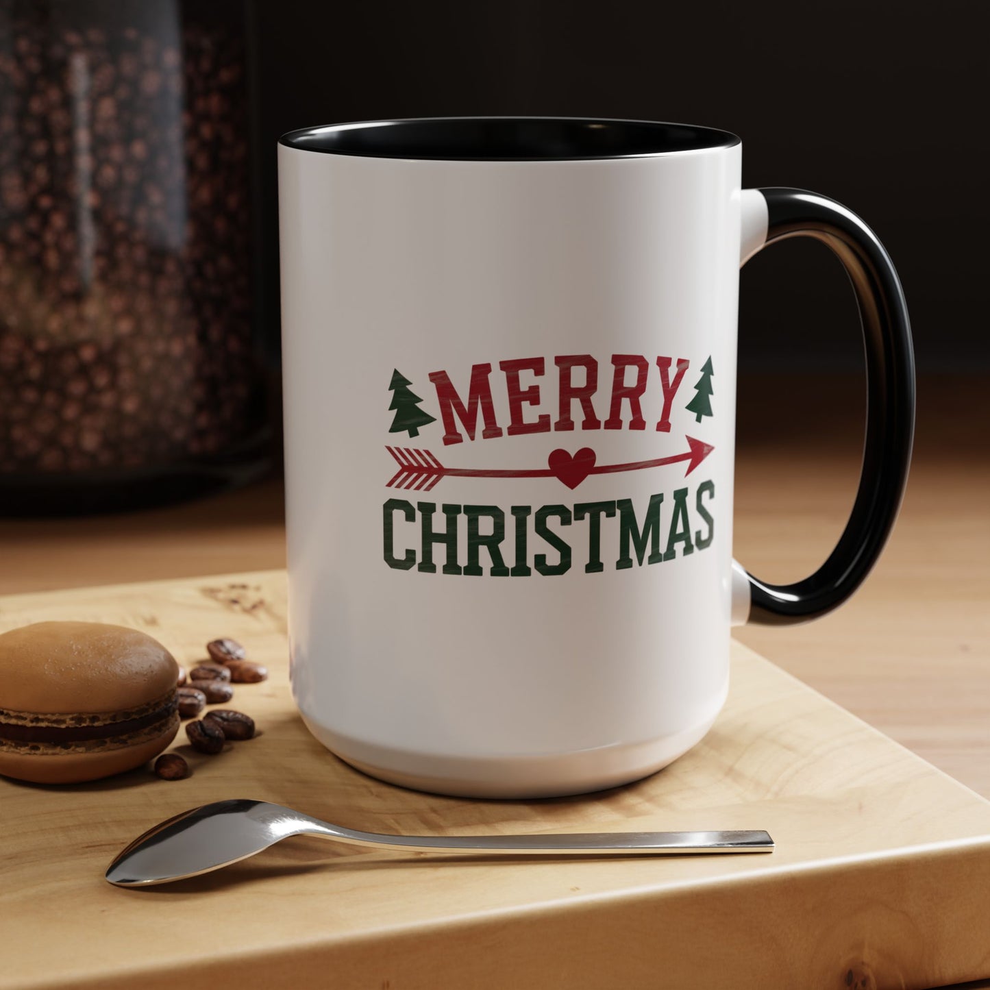Christmas Mug - Merry Christmas Red & Green Text Heart Arrow Trees