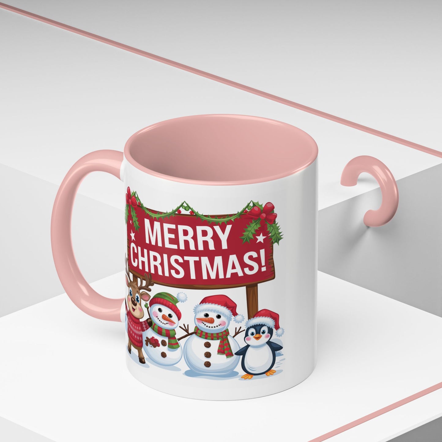 Christmas Mug - Merry Christmas White Text Reindeer Snowmen Penguin