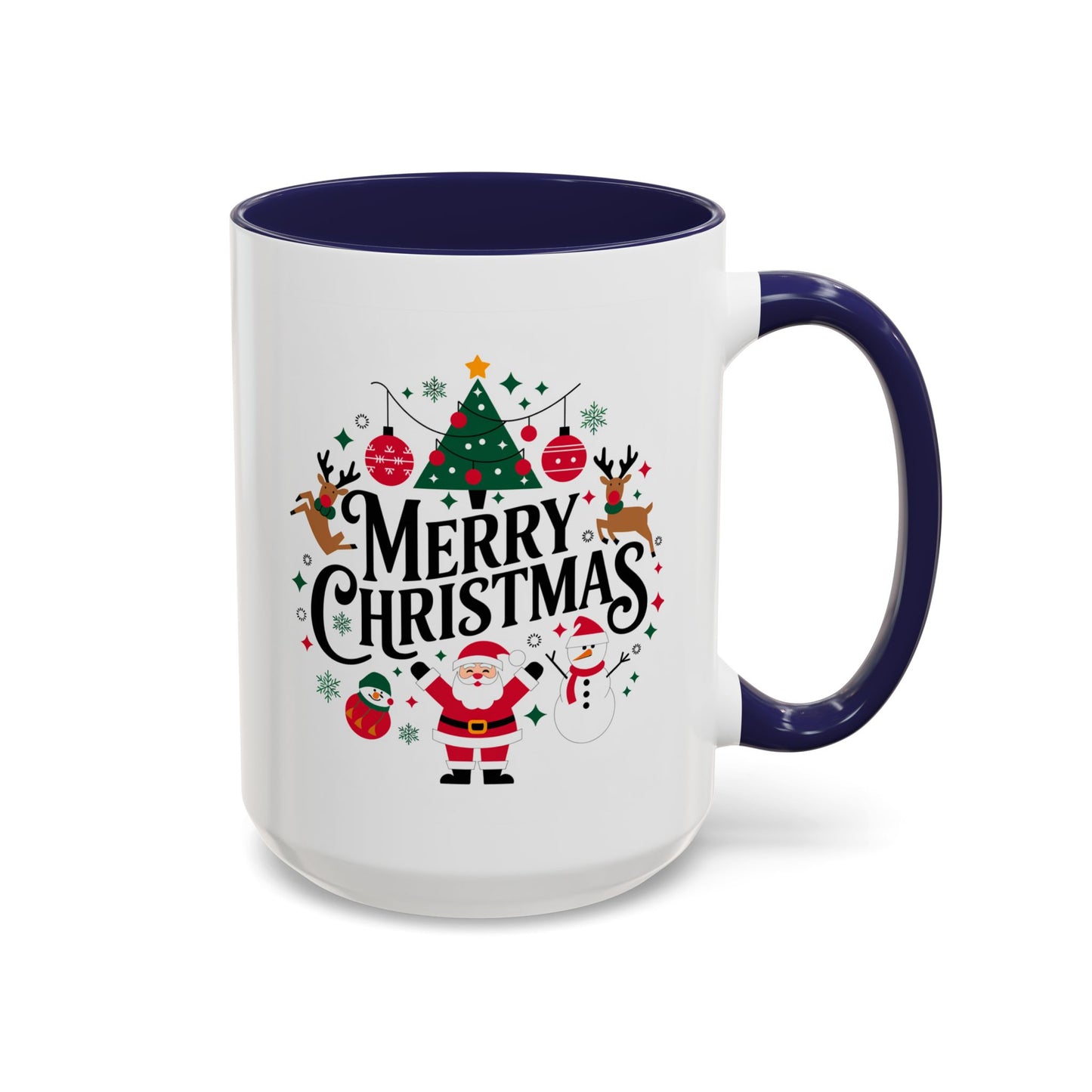 Christmas Mug - Merry Christmas Black Text Santa Reindeer Snowmen Ornaments