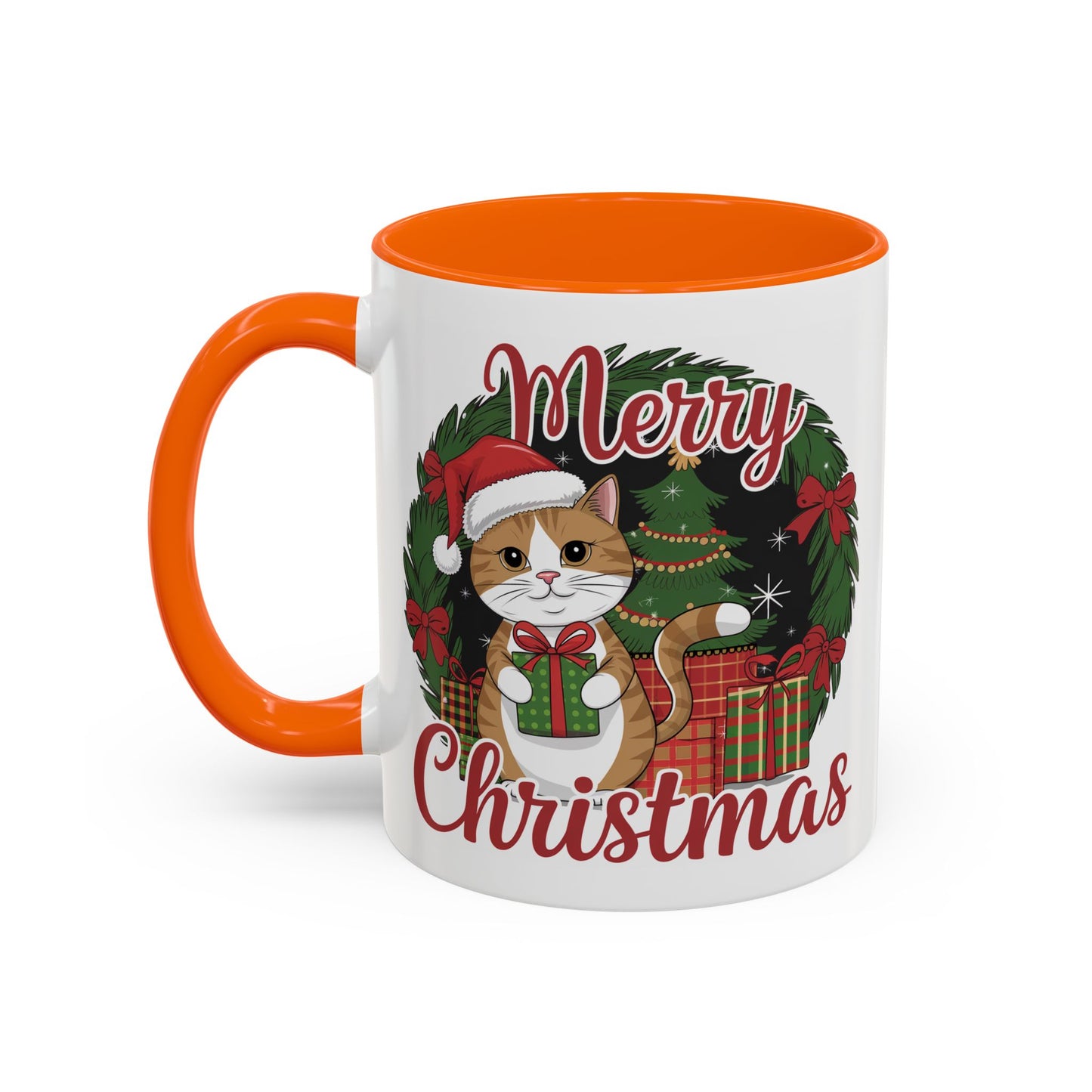 Christmas Mug - Merry Christmas Red Text Cat Presents Wreath