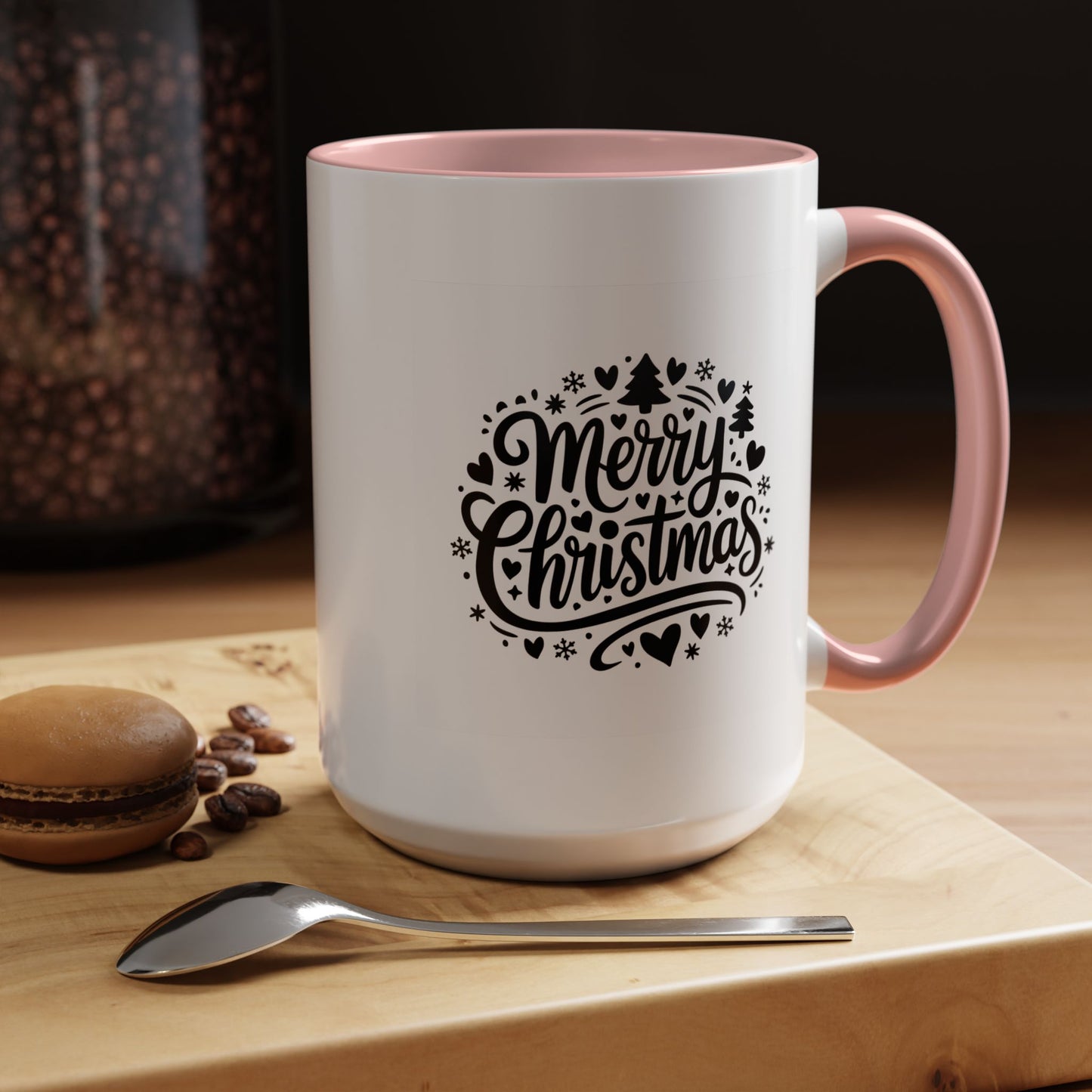 Christmas Mug - Merry Christmas Black Text Trees Snowflakes Hearts