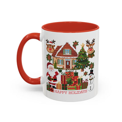 Christmas Mug - Happy Holidays Red Text Reindeer Santa Snowman Presents