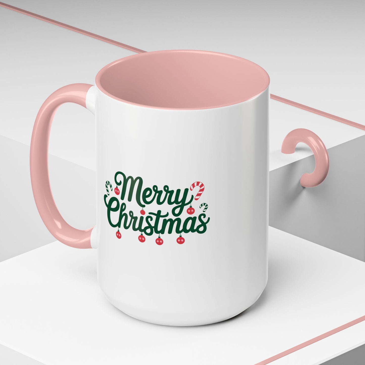 Christmas Mug - Merry Christmas Green Text Ornaments Candy Canes