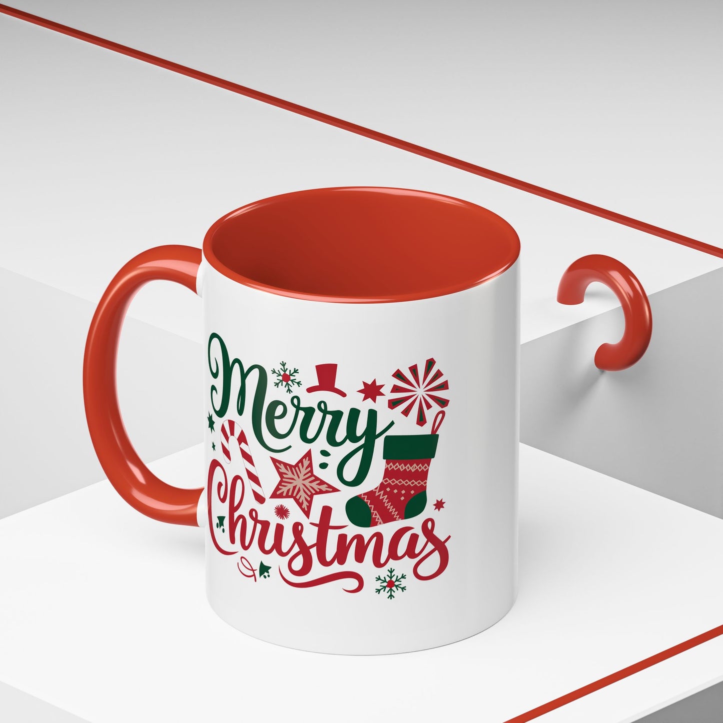 Christmas Mug - Merry Christmas Green & Red Text Star Candy Cane Stocking Snowflake