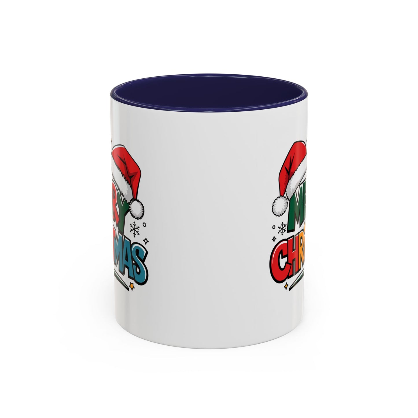 Christmas Mug - Merry Christmas Green Red Yellow and Blue Text Red Hats