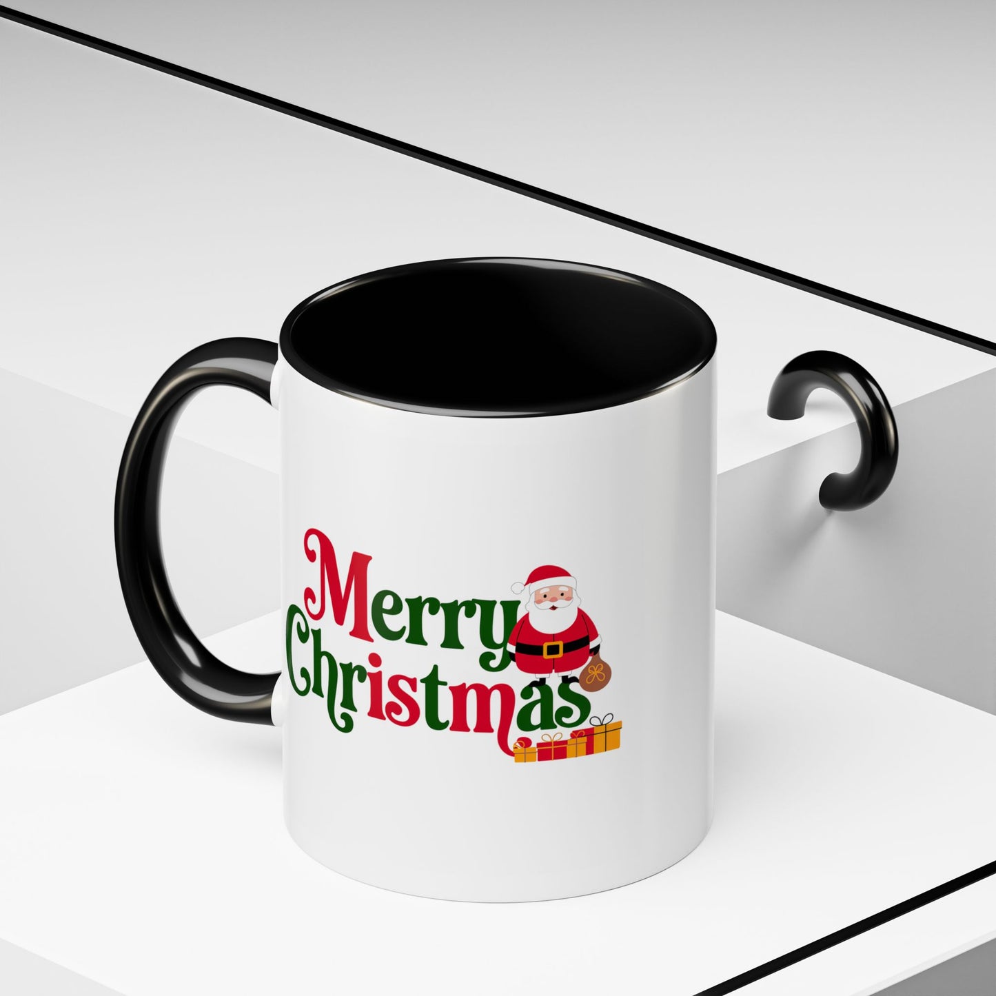 Christmas Mug - Merry Christmas Green & Red Text Santa Presents