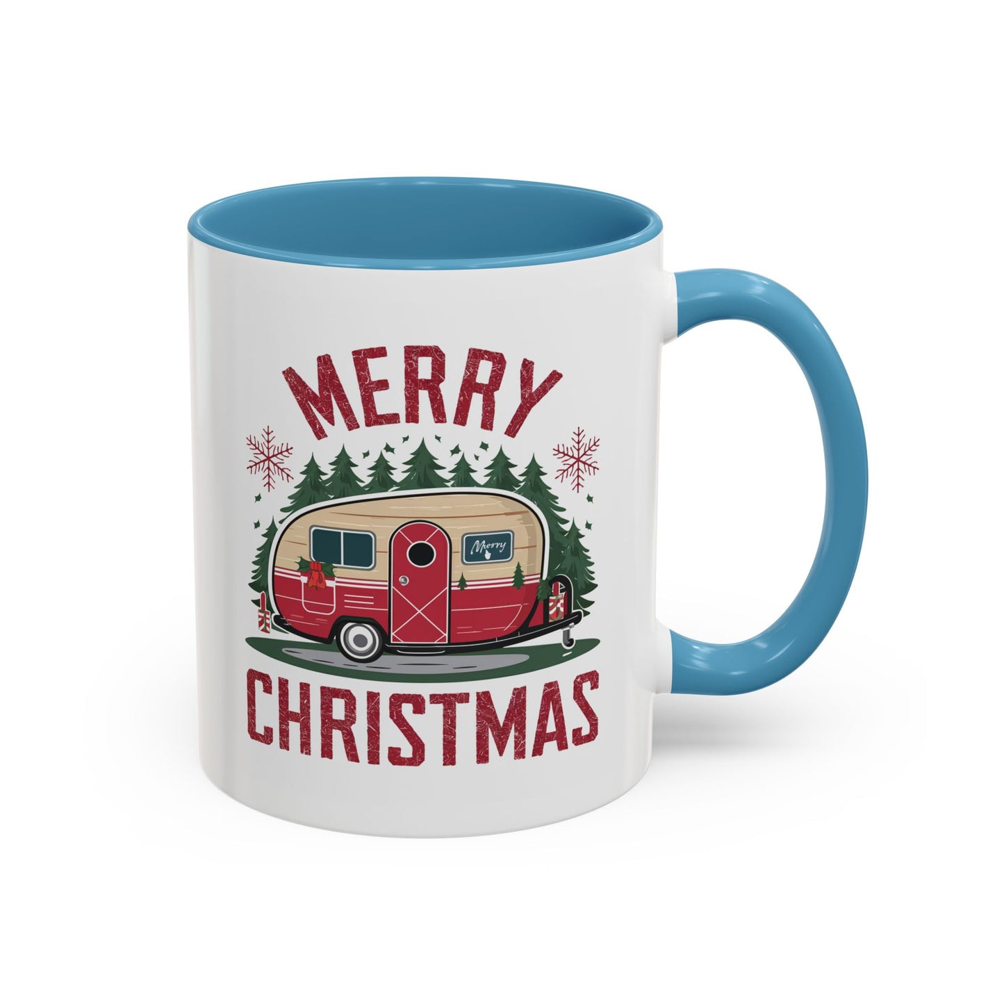 Christmas Mug - Merry Christmas Maroon Text Camper Trees Snowflakes