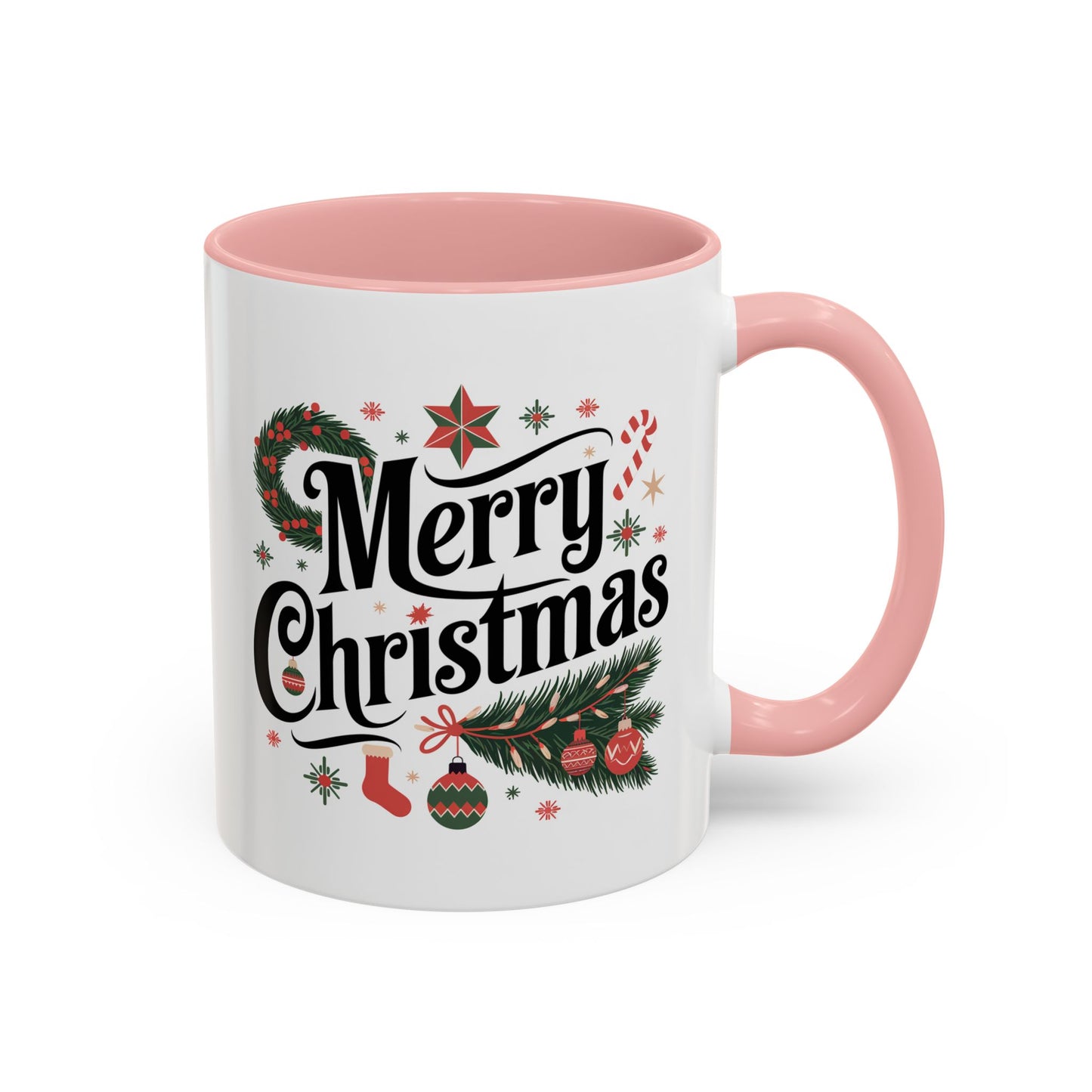 Christmas Mug - Merry Christmas Black Text Star Stocking Ornament Candy Cane