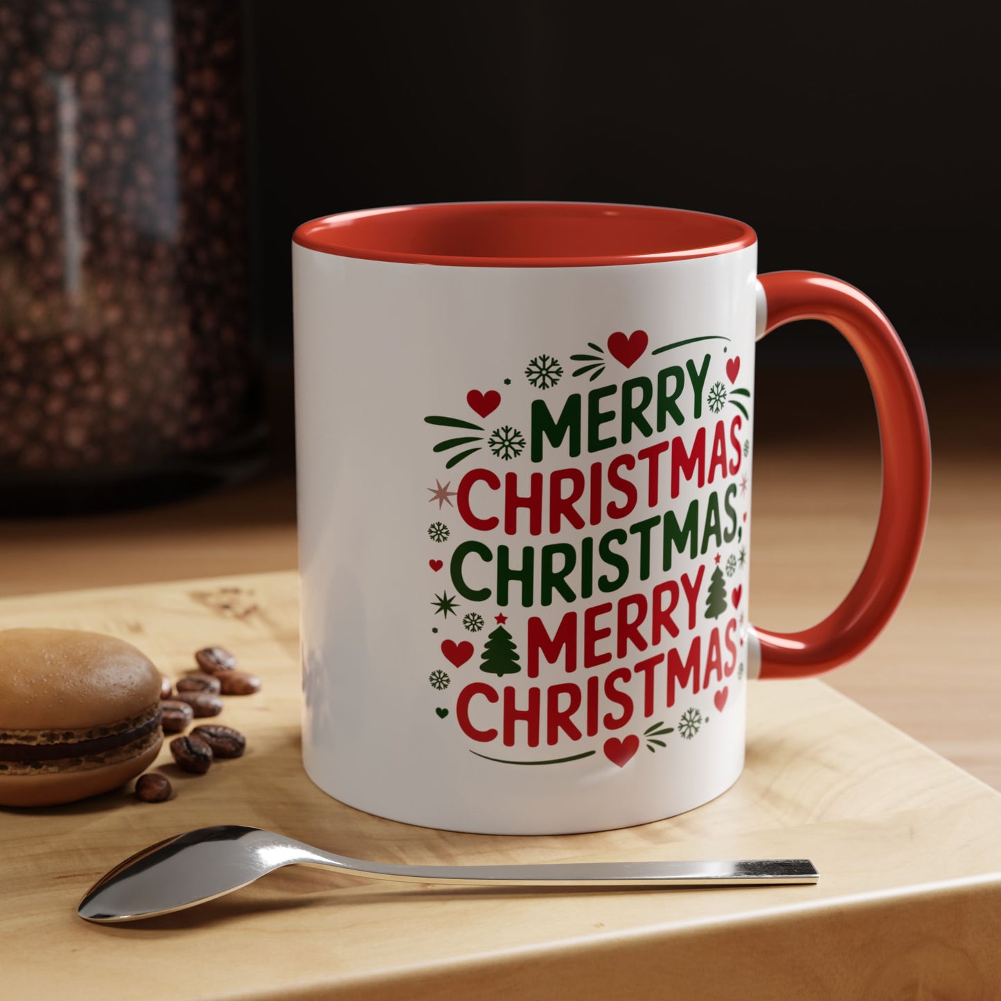 Christmas Mug - Merry Christmas Green & Red Text Trees Hearts Snowflakes Stars
