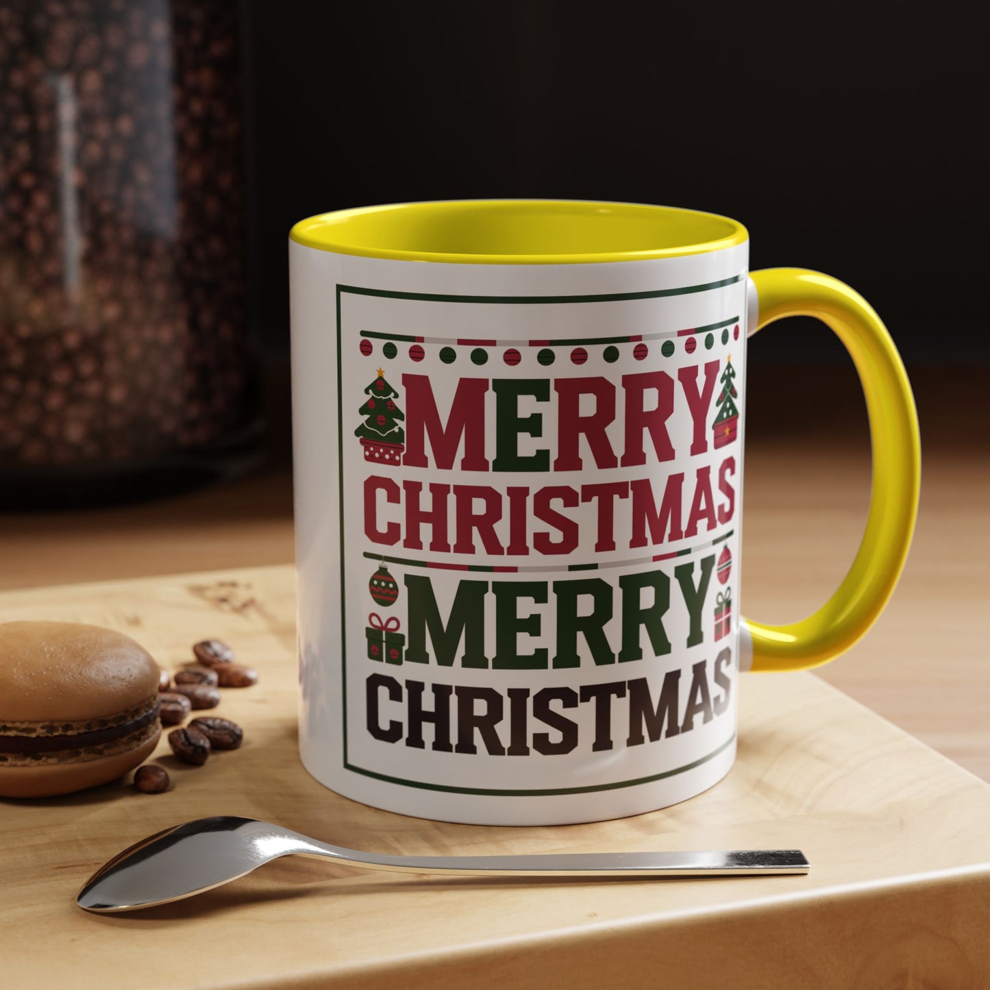 Christmas Mug - Merry Christmas Red Green & Black Text Trees Presents